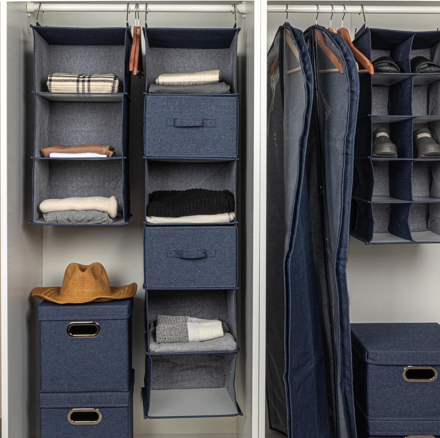 Household Essentials Hanging Cotton Blend Closet Organizer with 3 Storage Shelves, Denim