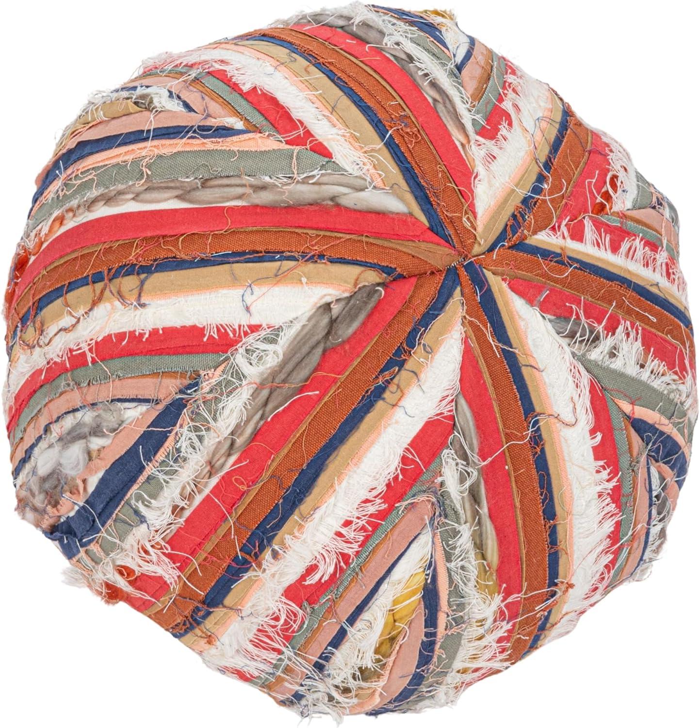 Multicolor Round Cotton Blend Pillow with Ripped Fabric Stripes