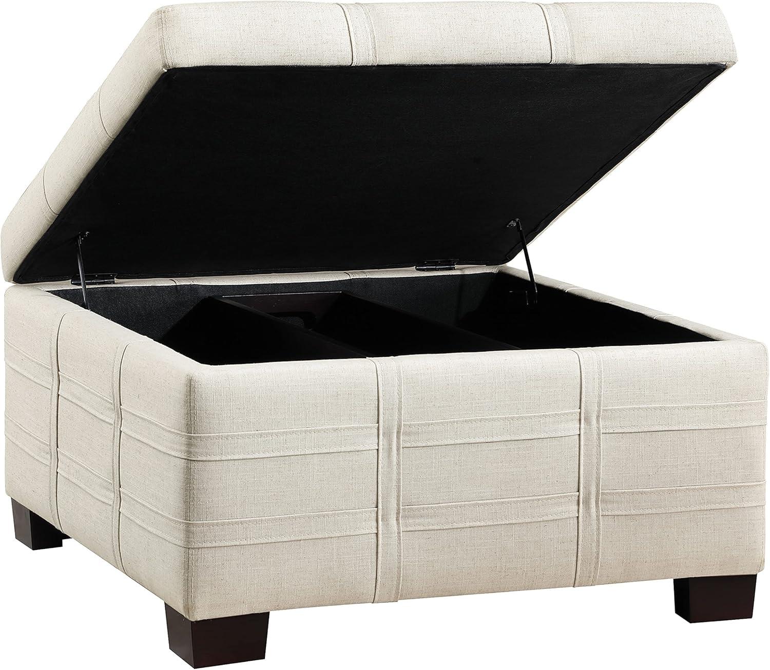 Detour Strap Square Storage Ottoman in Linen White Fabric