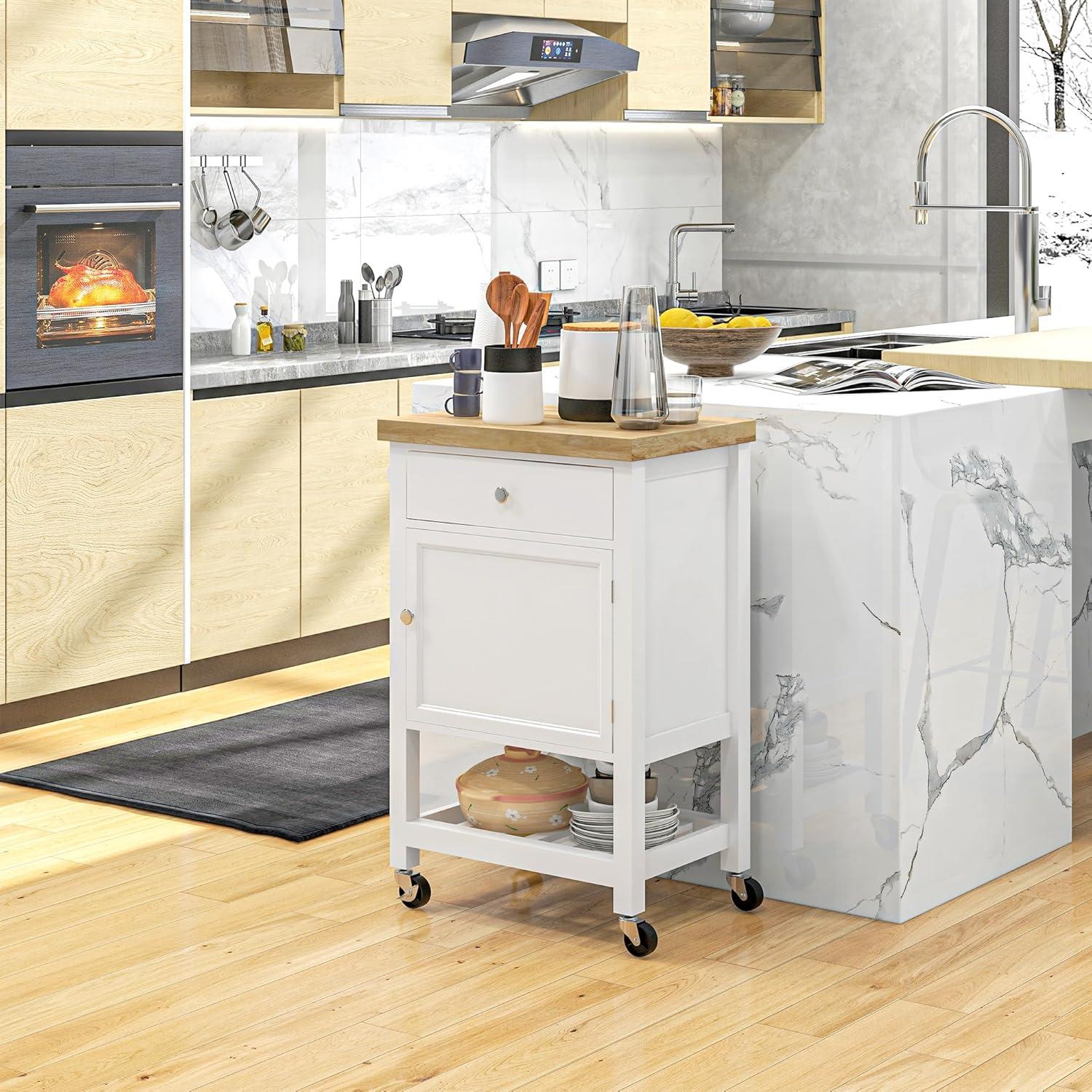 White Rolling Kitchen Cart with Rubberwood Butcher Block Top