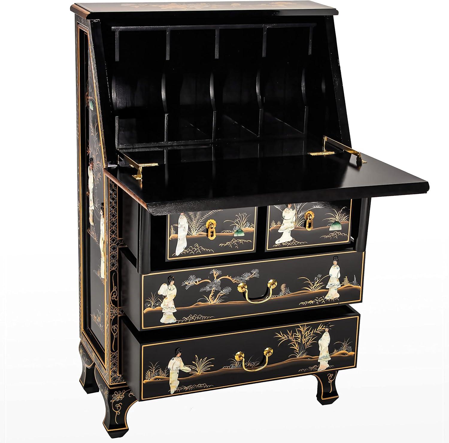 Exquisite Black Lacquer Secretary Desk with Mother-of-Pearl Accents