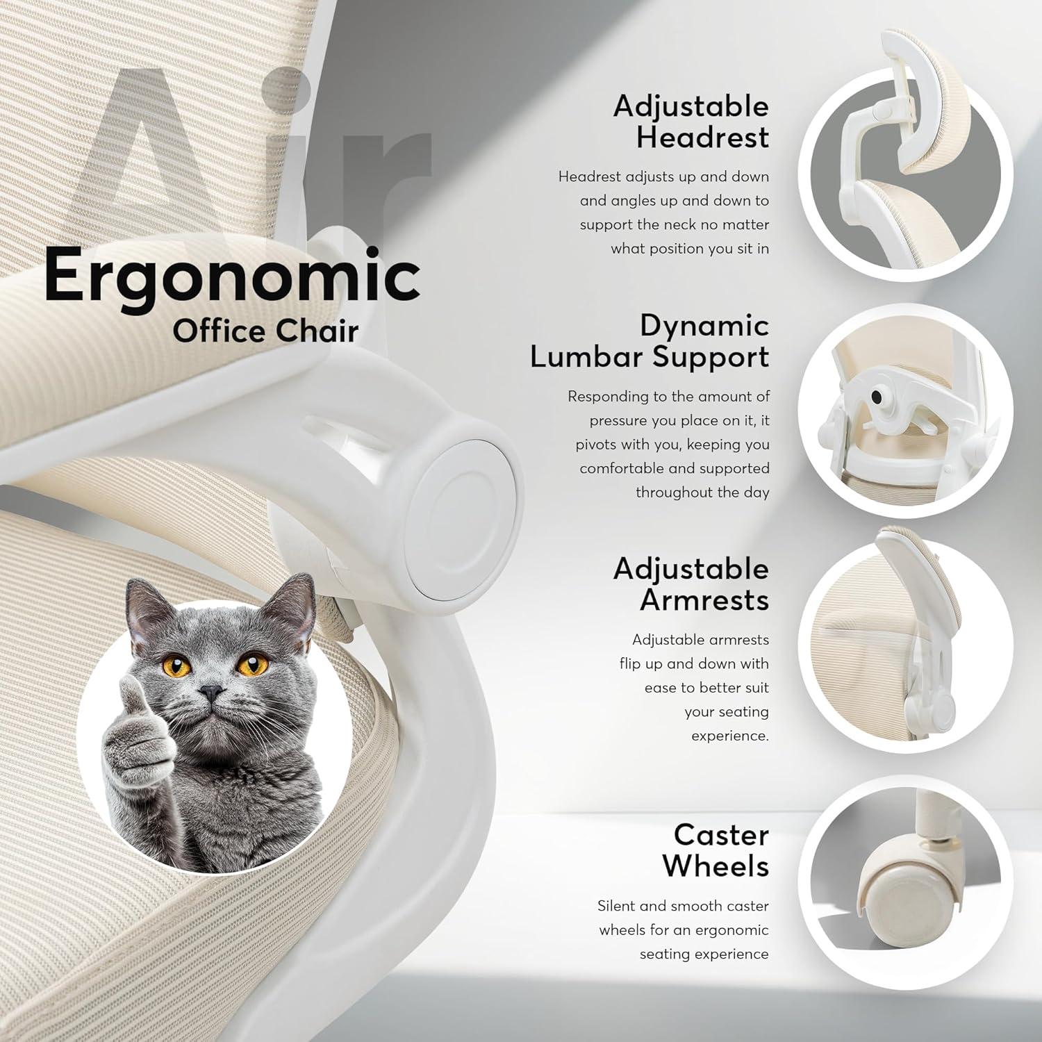 Oline Oline ErgoAir Ergonomic Office Chair – Adjustable Lumbar Support, Flip-Up Armrests, Mesh Computer Desk Chair, Swivel Rolling Executive Gaming Chair for Home & Office