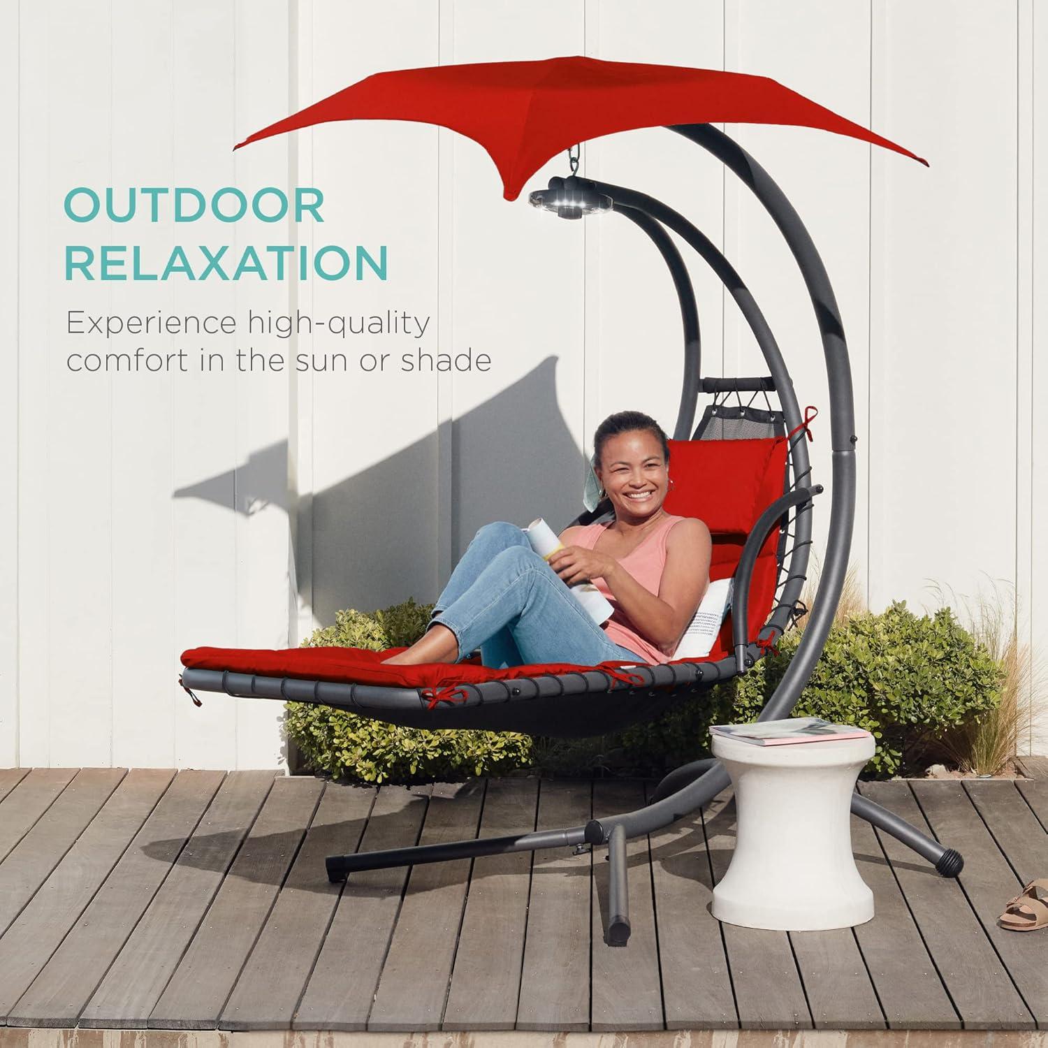 Best Choice Products Hanging LED-Lit Curved Chaise Lounge Chair for Backyard, Patio w/ Pillow, Canopy, Stand - Red