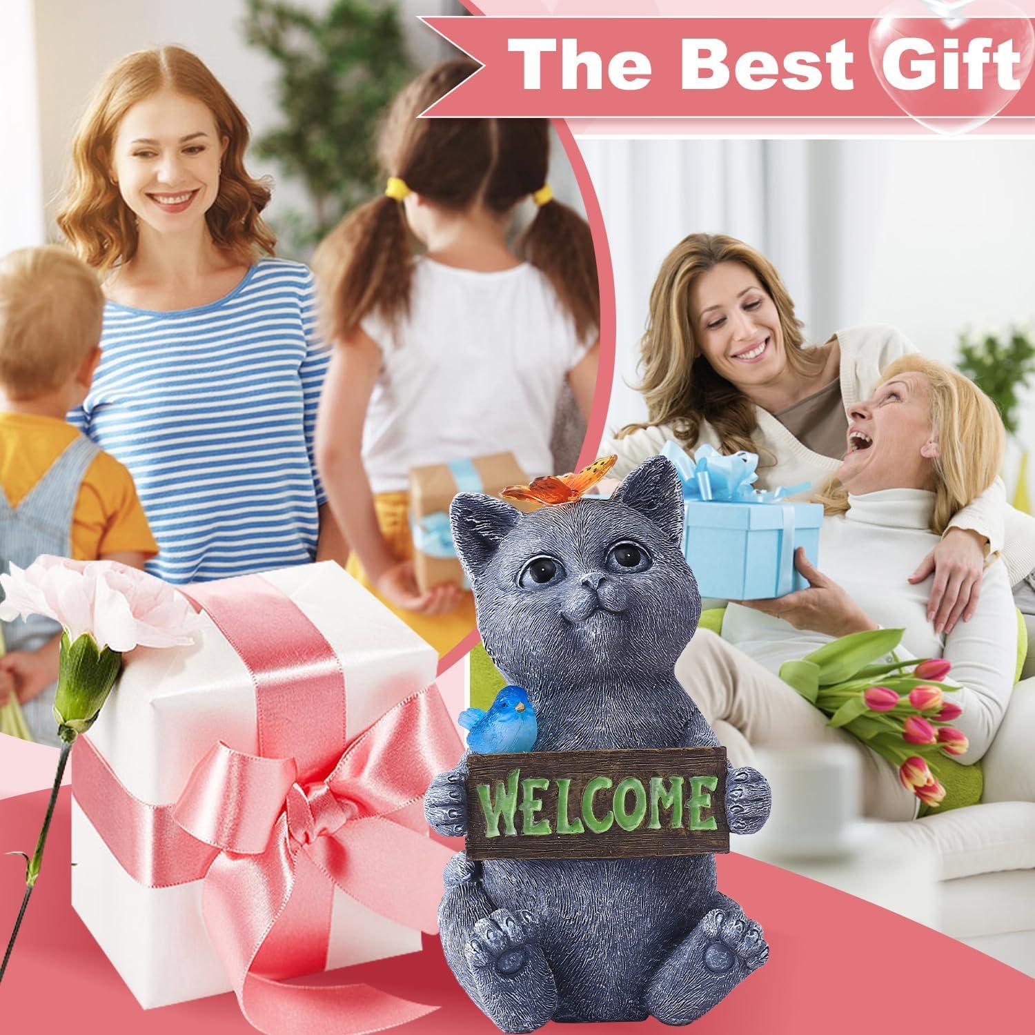 Trinx Solar Cat Figurine Garden Statues : Outside Welcome Cat Statue With Butterfly For Garden Decor And Yard Decorations - Unique Gifts