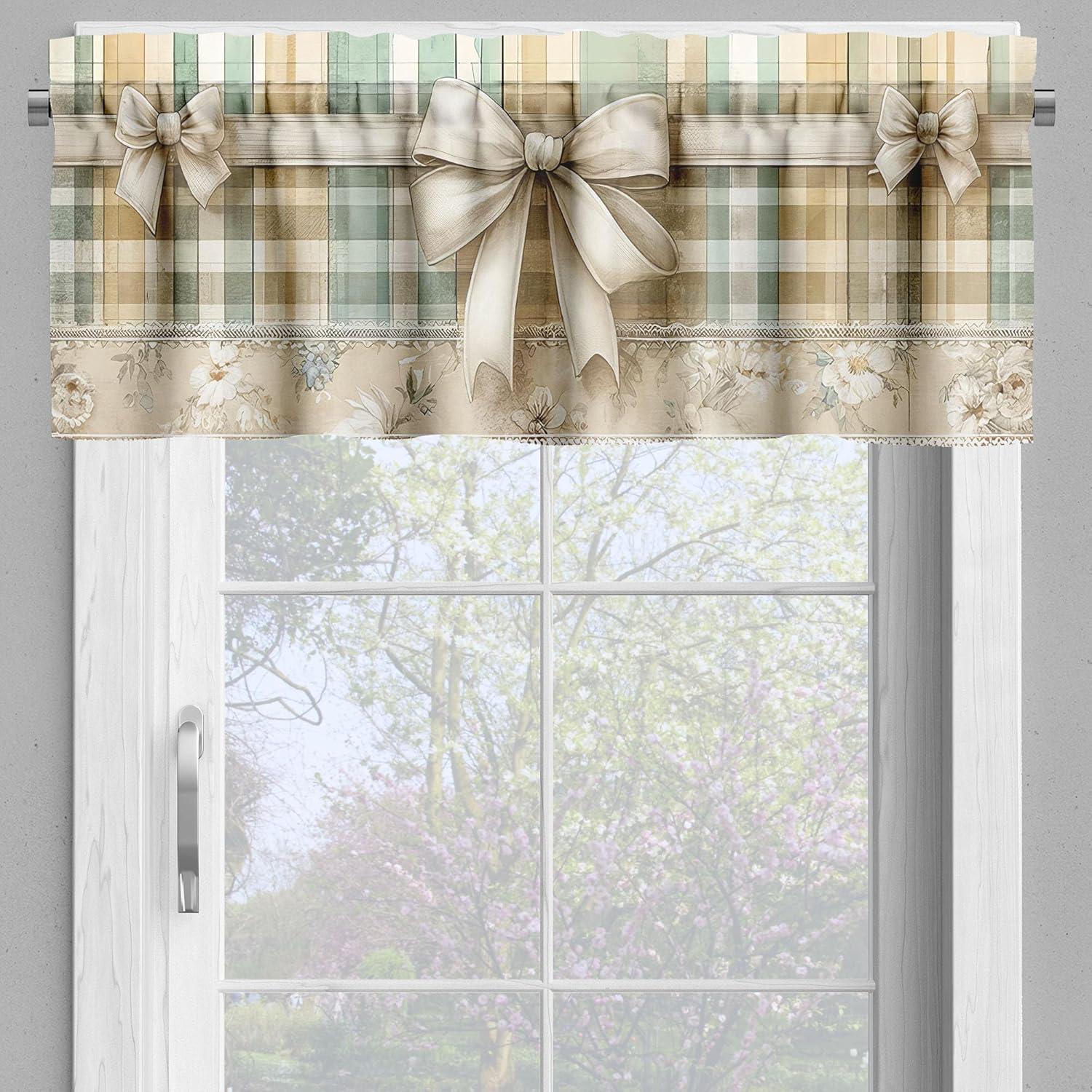 Ambesonne Farmhouse Valance & Curtain 3 Pcs Set, Tartan Nostalgia Flowers, 55"x24", Ecru Seafoam Eggshell