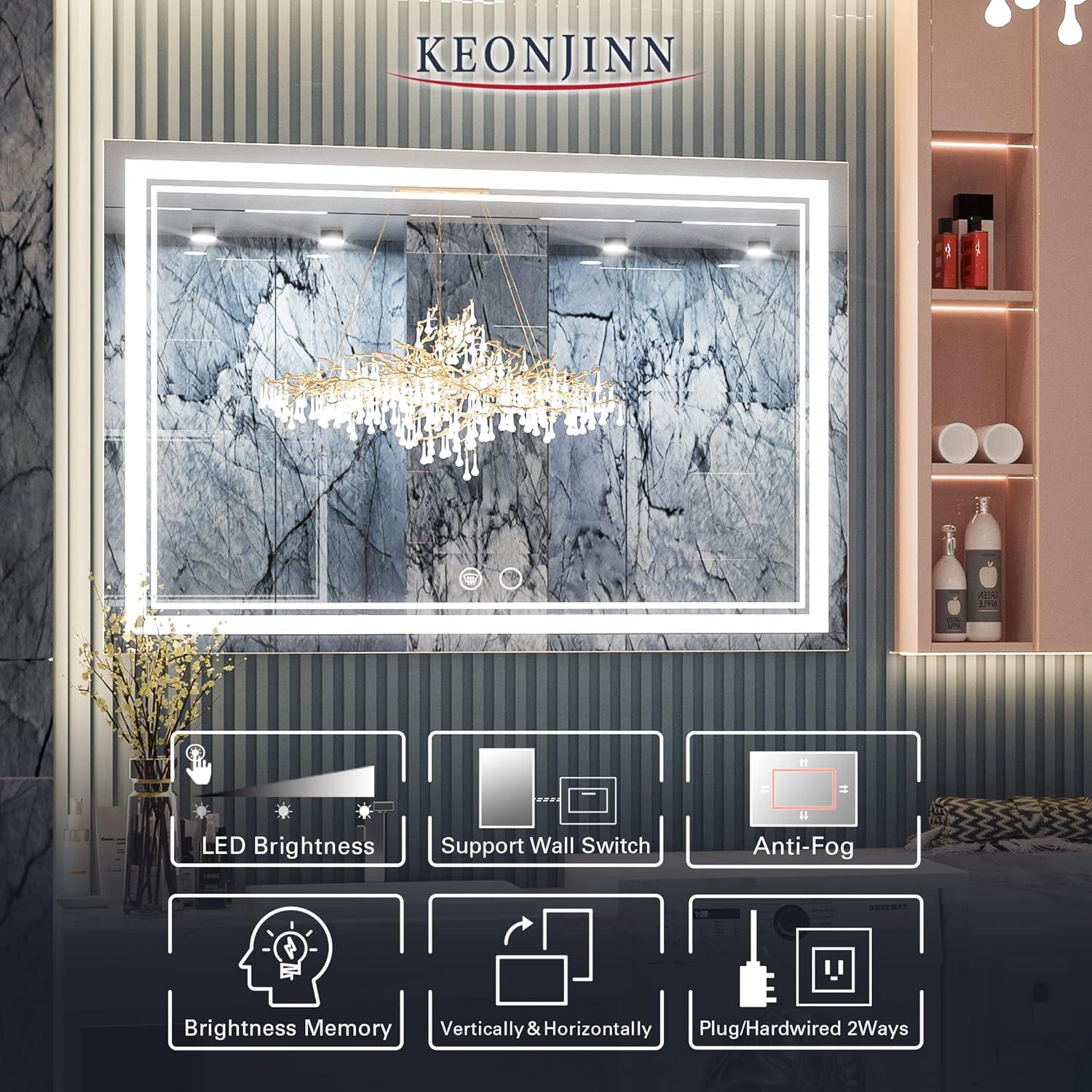 Keonjinn 84 x 32 Inch LED Bathroom Mirror with Lights 3 Color Temperature Frontlit Oversized Vanity Mirror Wall Mounted Anti-Fog, UL Listed LED Driver, Tempered Glass Dimmable Lighted Bathroom Mirror