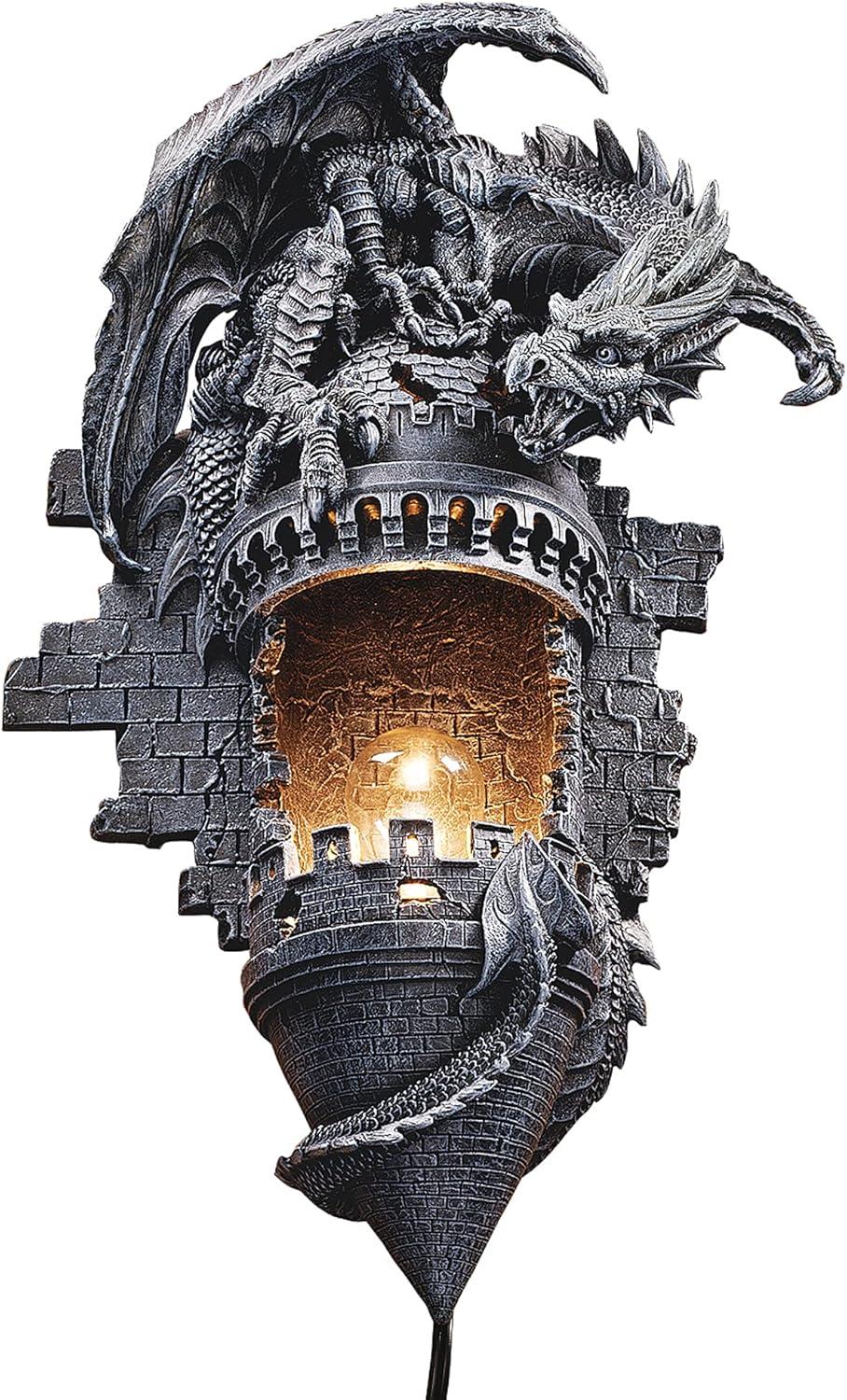 Gothic Dragon Castle Turret Wall Sconce in Grey Stone