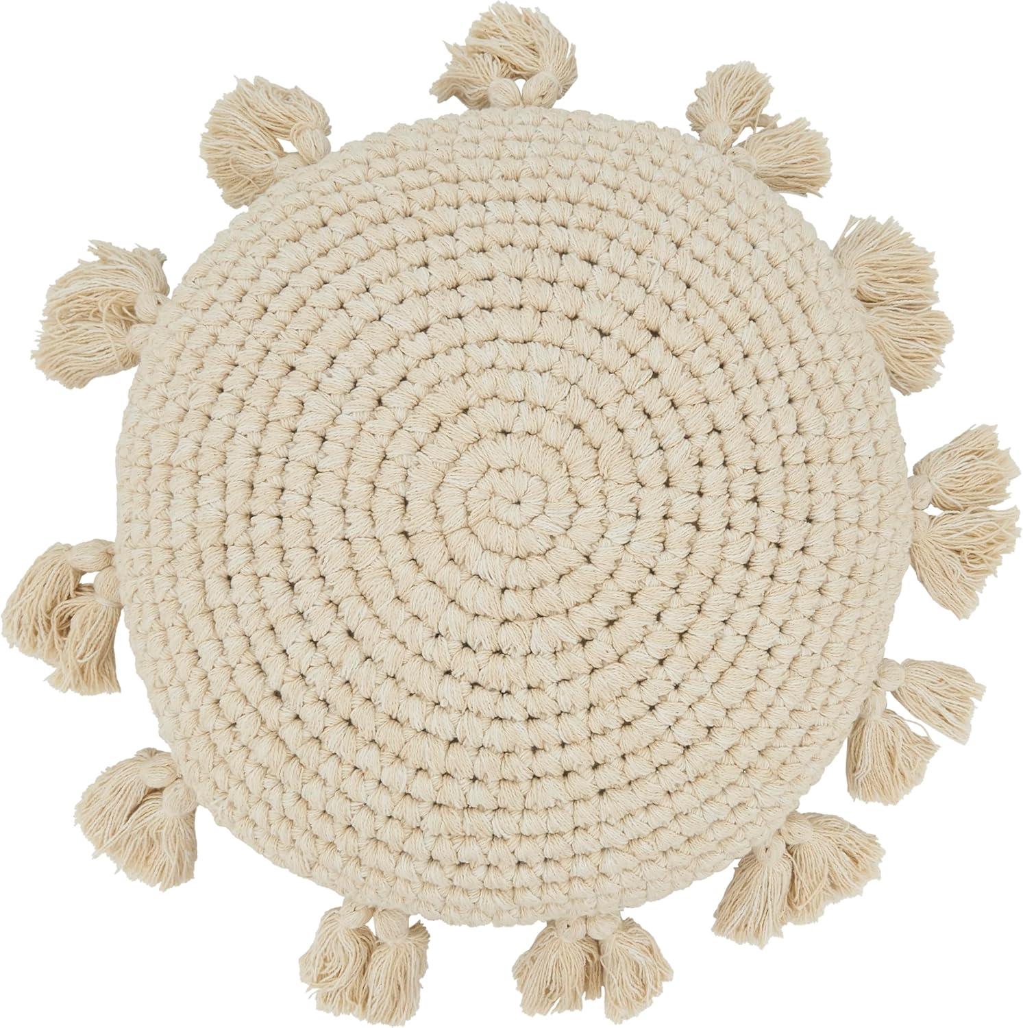 Saro Lifestyle Boho Bliss Tassel Round Poly Filled Throw Pillow, Beige, 18"x18"