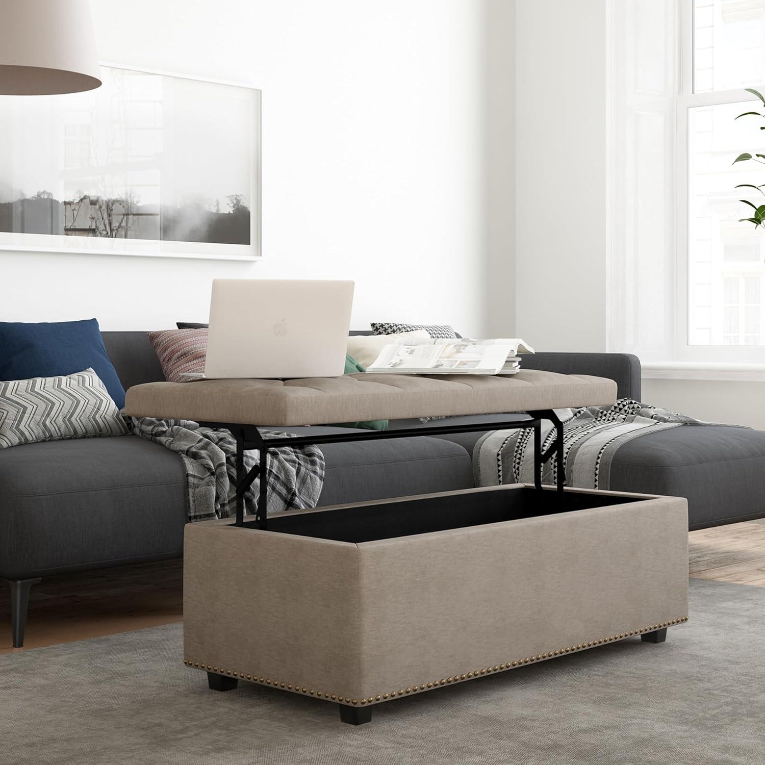 Simpli Home Hamilton 44"W Upholstered Lift-Top Storage Ottoman with Nailhead Trim and Tufted Detailing