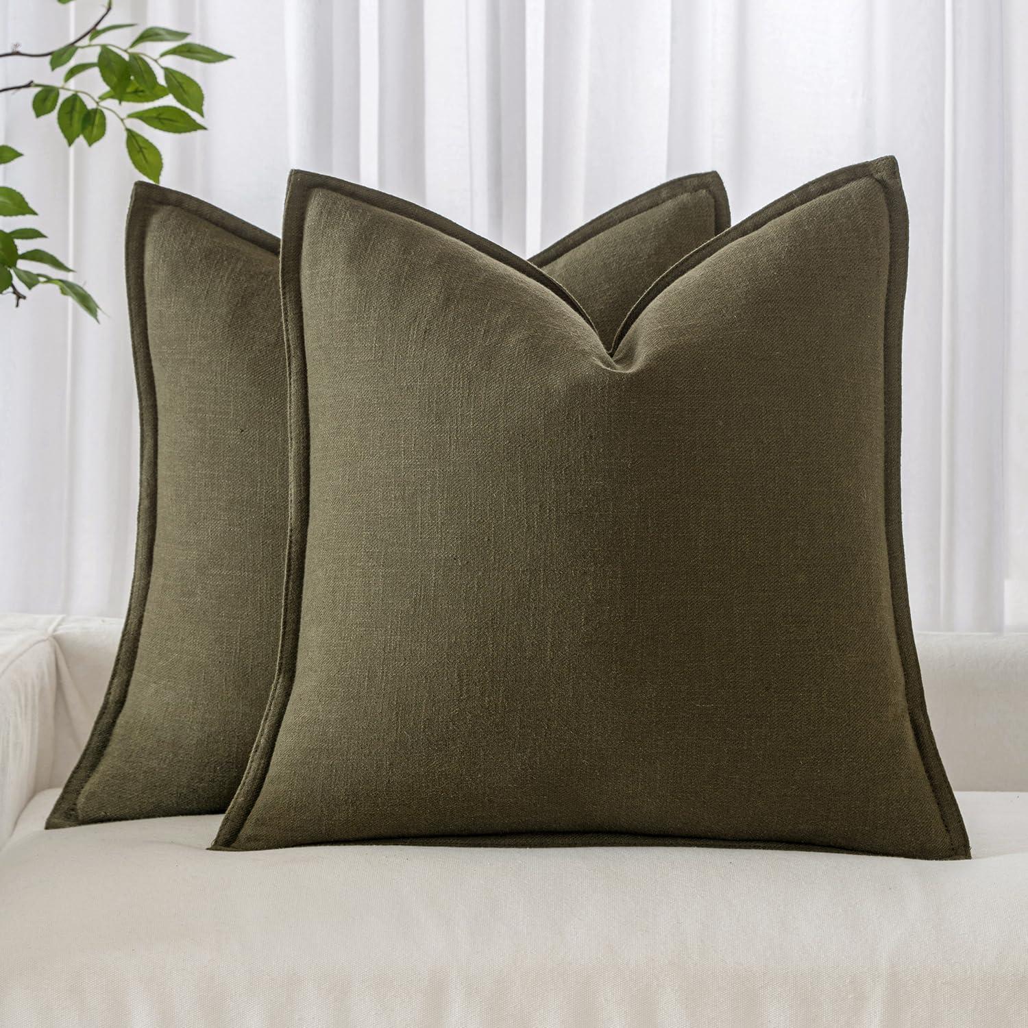 MIULEE Pack of 2 Decorative Linen Pillow Covers 18x18 Inch Olive Green Farmhouse Soild Neutral Throw Pillow Covers Soft Accent Decorative Pillowcases Home Decors for Couch Sofa Bed Living Room
