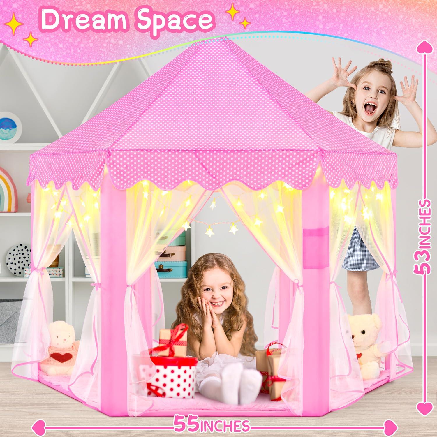 EVOIONOS Princess Tent for Girls, Kids Play Tent with LED Star Lights, Castle Playhouse for Children Indoor Outdoor Games, 55X53 inches, Pink