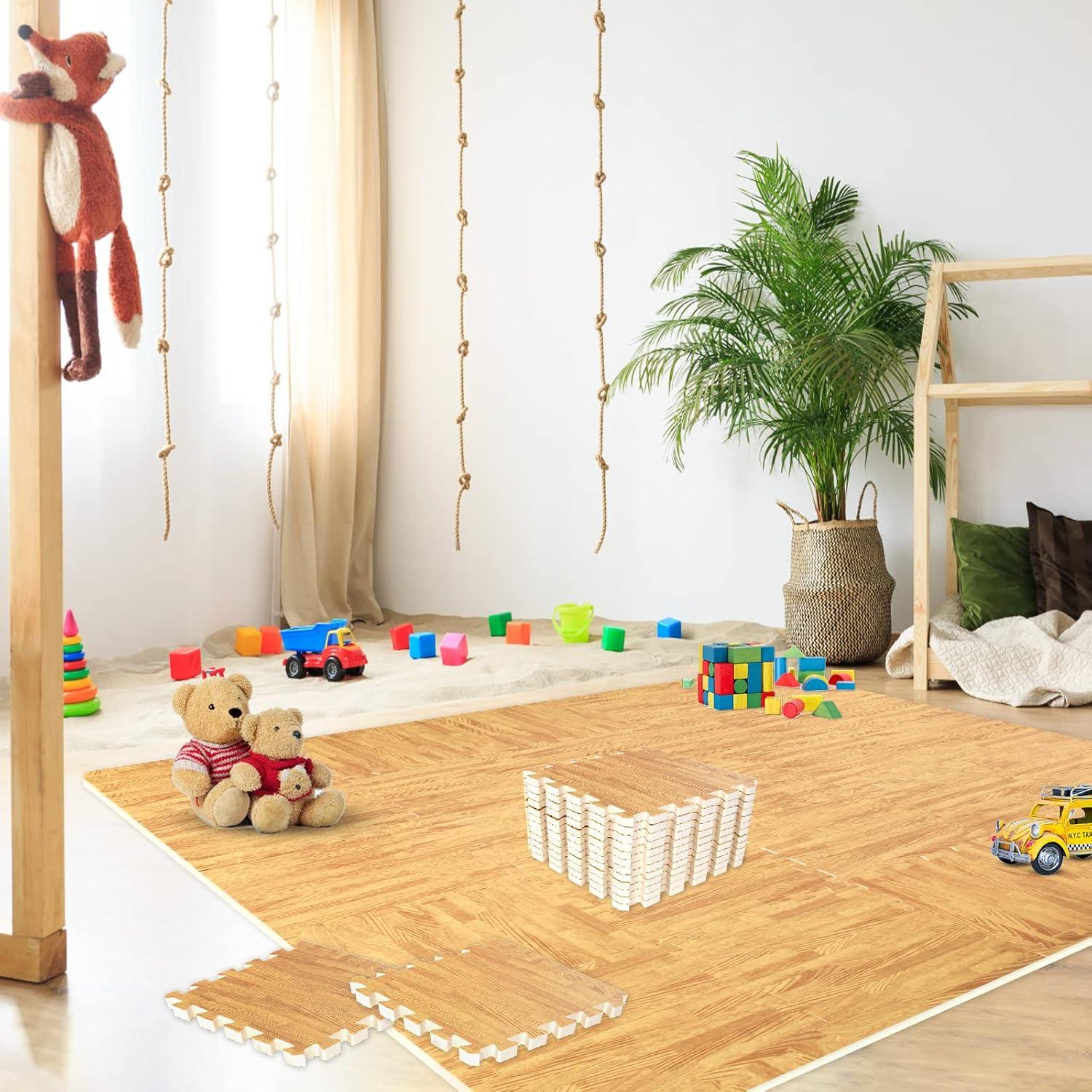 16pcs Interlocking Printed Wood Grain EVA Foam Mats Protective Floor Tiles Exercise Play Mat for Kids Room Parlor Bedroom Home 11.8" x 11.8" (Wood Grain Yellow)