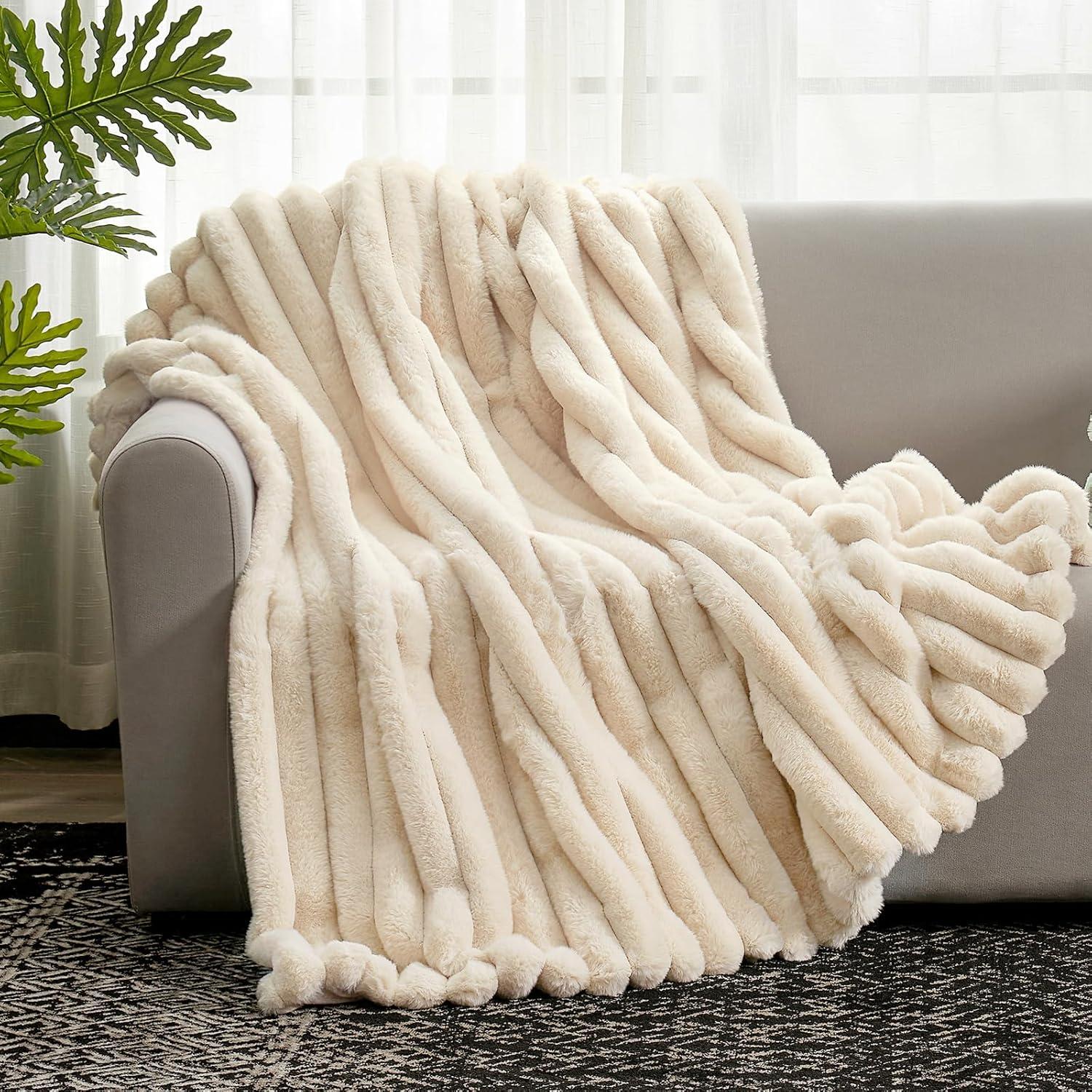 Beige Faux Fur Striped Throw Blanket for Couch 60x80