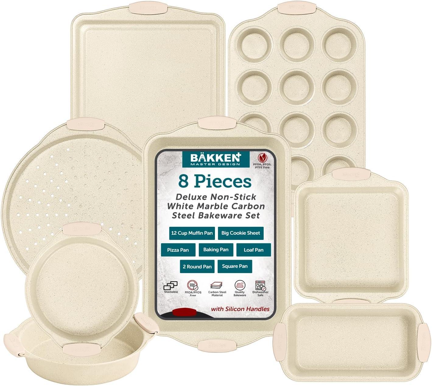 BAKKEN Deluxe 8-Piece Carbon Steel Bakeware Set - Nonstick White Marble Coating,
Silicone Handles - Professional Quality Kitchen Oven Baking Pans