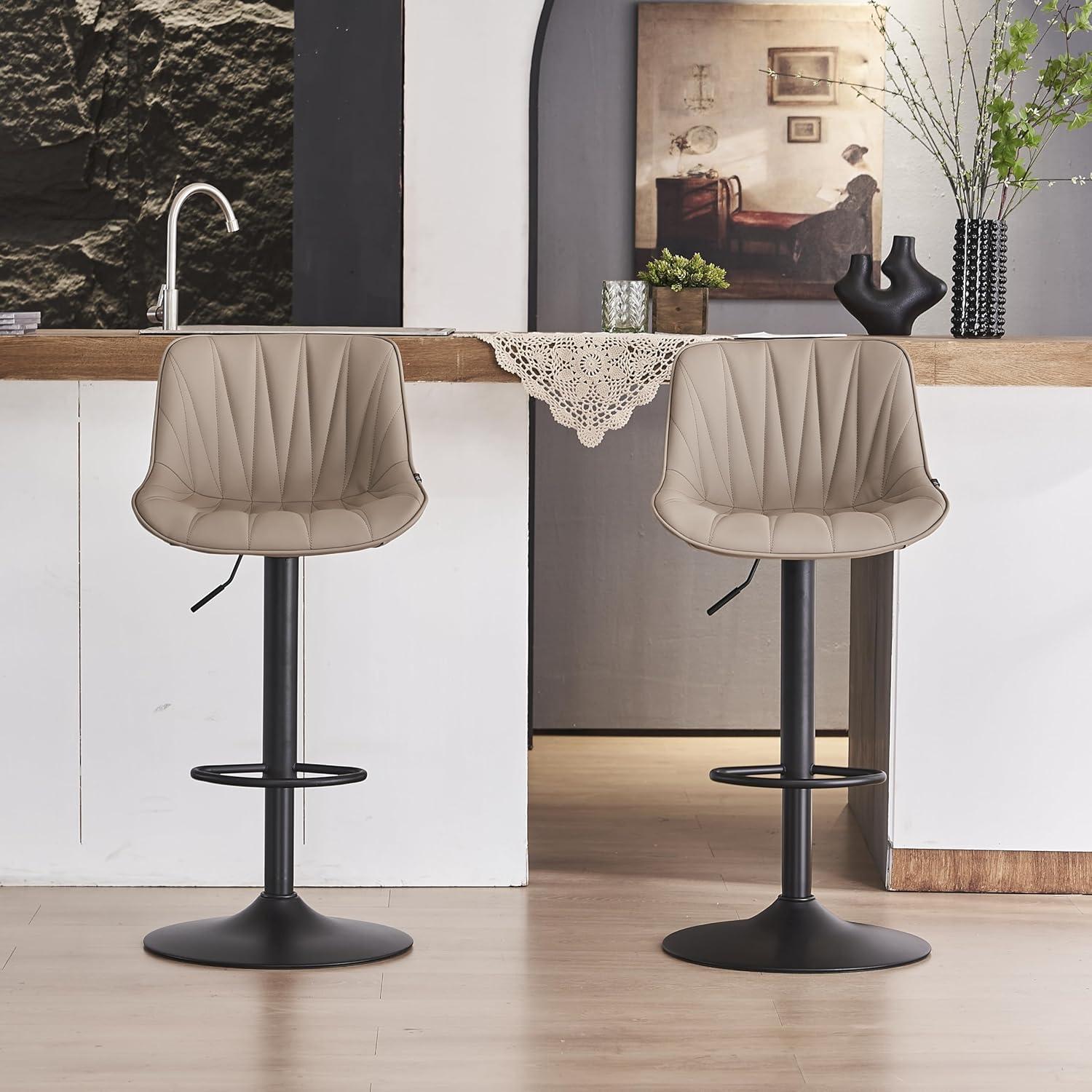 YOUNIKE Bar Stools Set of 2 for Kitchen Island, Khaki Swivel Tall Barstools, Adjustable Bar Stool with Back, Faux Leather Padded Bar Chairs, Modern Counter Height Stools with 300LBS Support