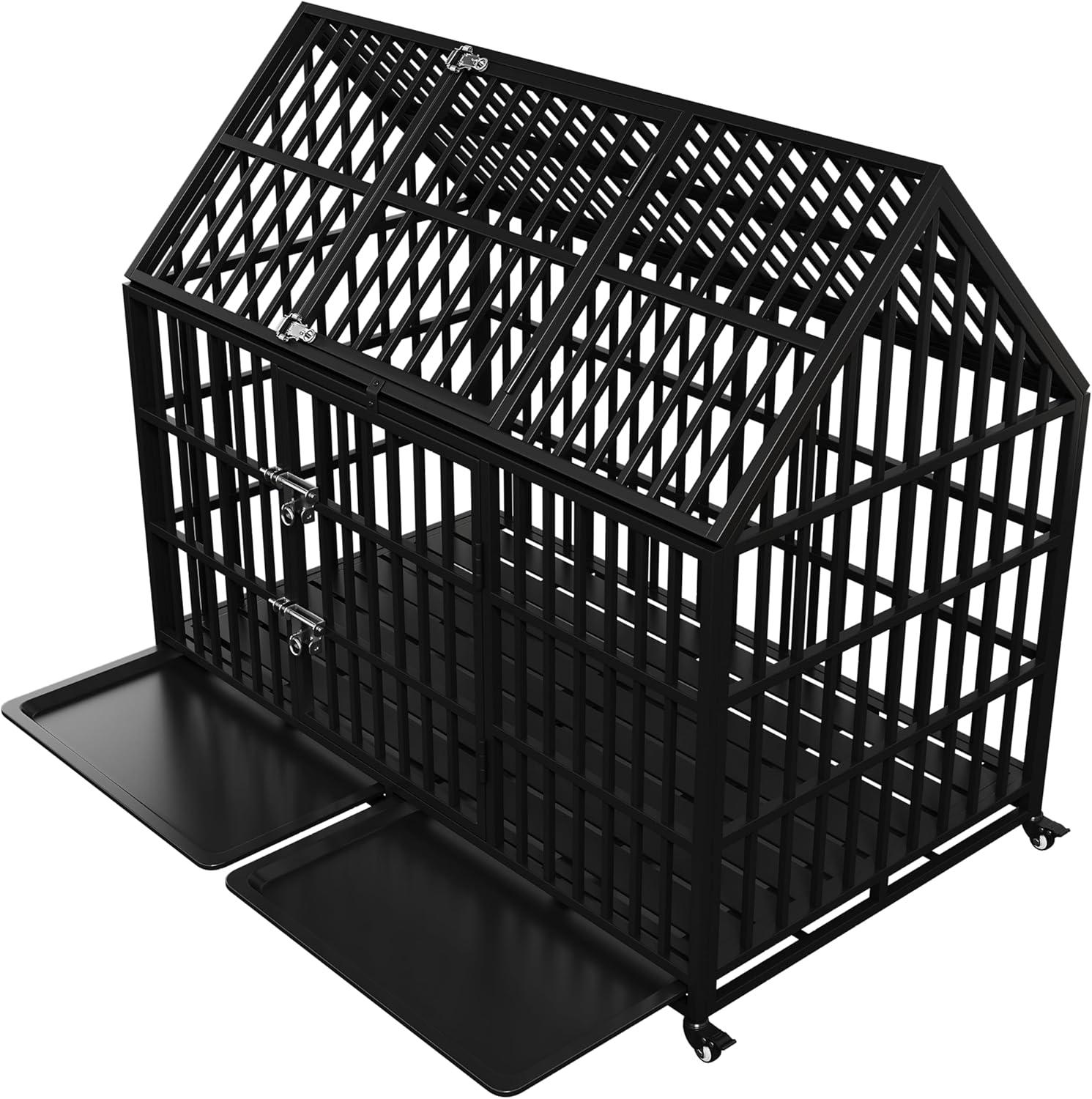54" Heavy Duty Dog Crate Large Dog cage Strong Metal Dog Kennels and Crates for Large Dogs Top Open with 2 Doors 4 Lockable Wheels 2 Removable Trays