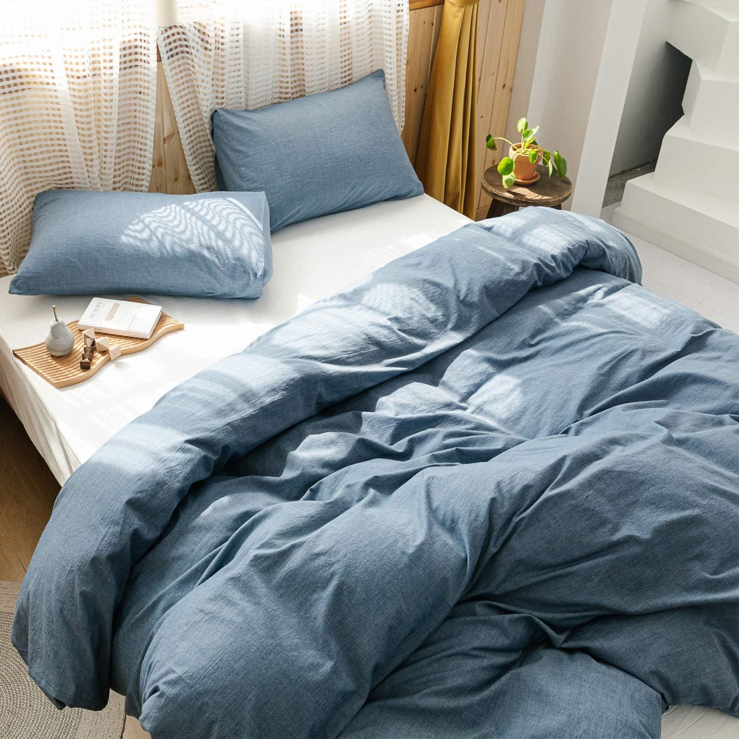 Denim Blue Cotton King Duvet Cover Set with Pillowcases