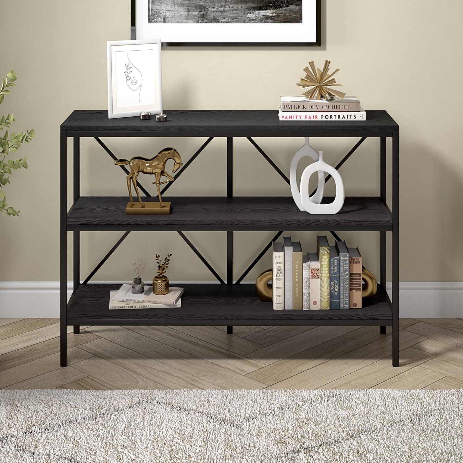 Evelyn&Zoe Kira 42" Wide Rectangular Console Table, Blackened Bronze/Black Grain