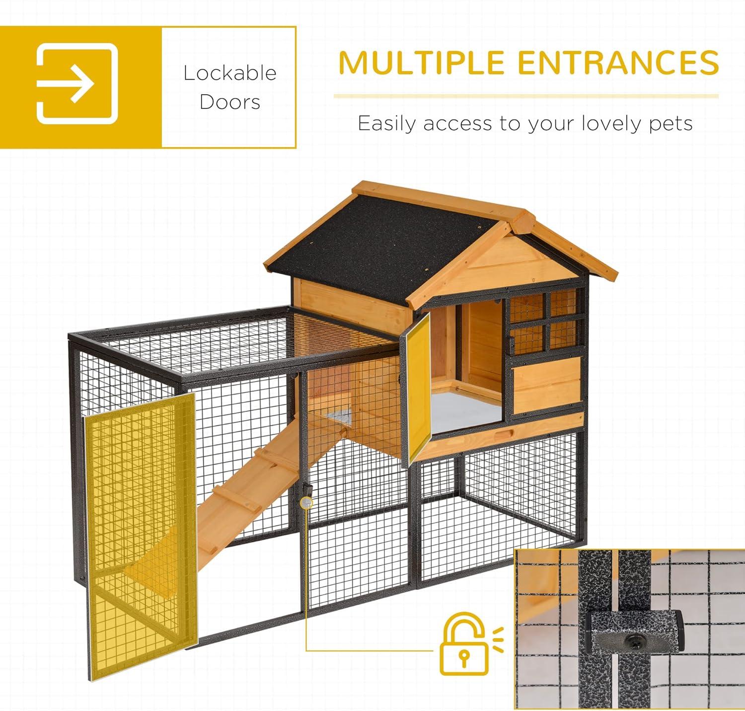 PawHut 2-Level Rabbit Hutch Bunny House with Weatherproof Hinged Asphalt Roof, Removable Tray and Ramp for Outdoor