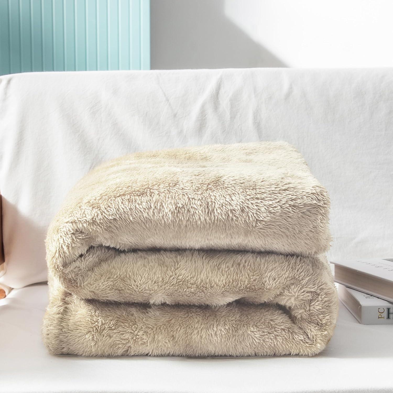 Exclusivo Mezcla Plush Fuzzy Large Fleece Throw Blanket (50" x 70", Beige)- Soft, Warm and Lightweight