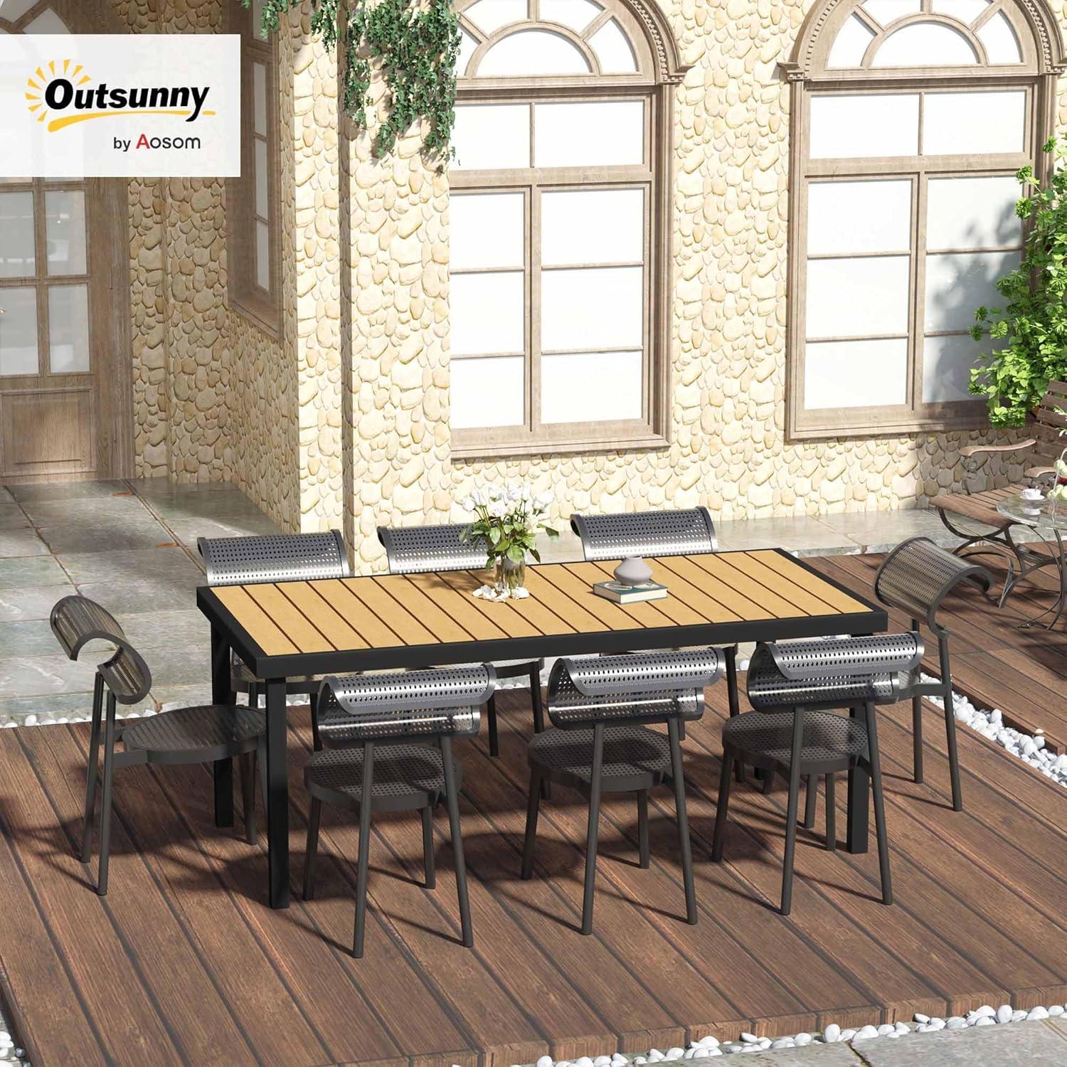 Outsunny 75" x 35" Outdoor Dining Table for 8 People, Rectangular Aluminum Frame Garden Table with All-Weather Faux Wood Top for Garden, Lawn, Patio, Natural