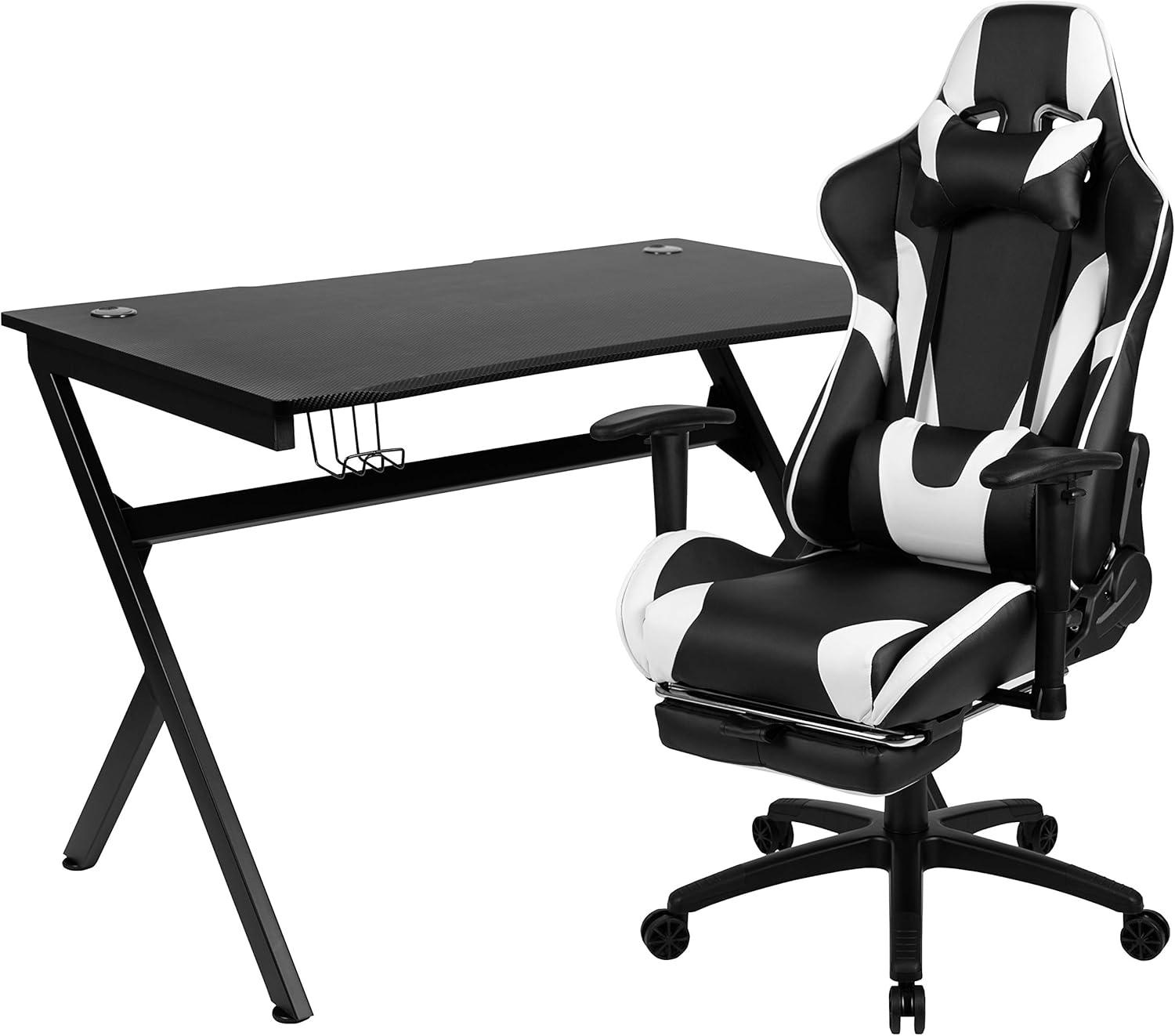 Flash Furniture Black Gaming Desk and Black Footrest Reclining Gaming Chair Set with Cup Holder, Headphone Hook & 2 Wire Management Holes