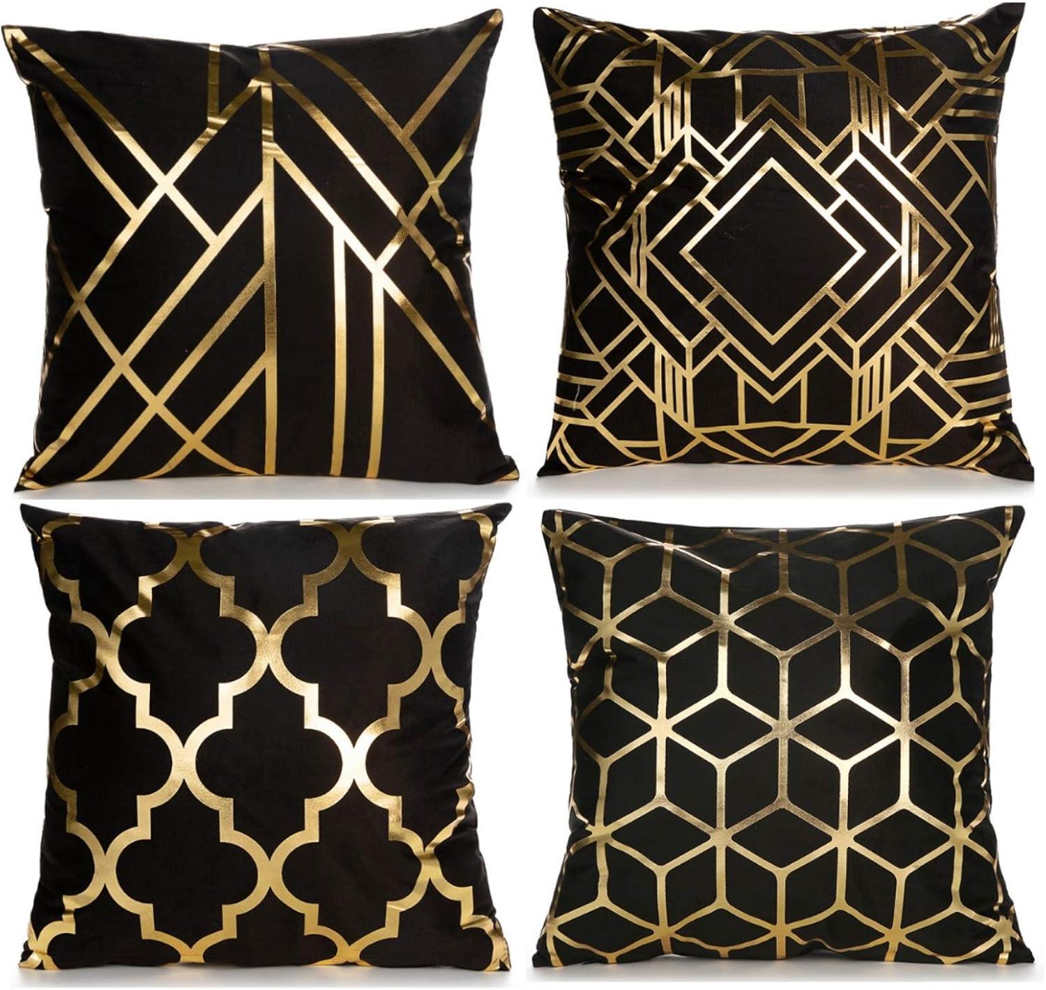 Efavormart Set Of 4 | 18" Black/Gold Foil Geometric Print Throw Pillow Covers, Velvet Square Sofa Cushion Covers