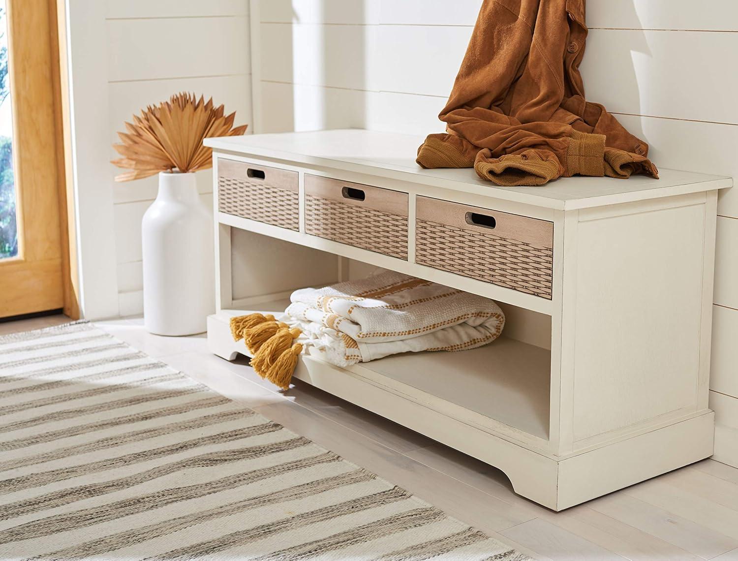 SAFAVIEH Landers Solid Classic 3 Drawer Storage Bench, Distressed White