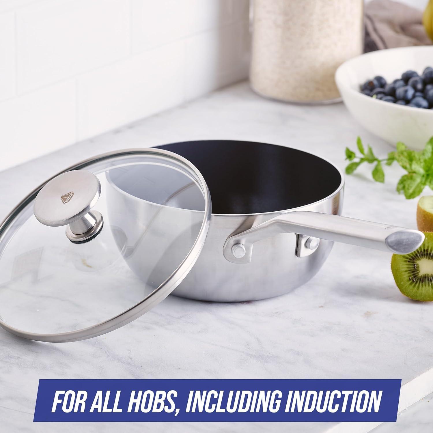 Blue Diamond Blue Diamond Cookware Tri-Ply Stainless Steel Ceramic Nonstick, 2.5QT Chef Saute Pan With Lid, PFAS-Free, Multi Clad, Induction, Dishwasher Safe, Oven Safe, Silver