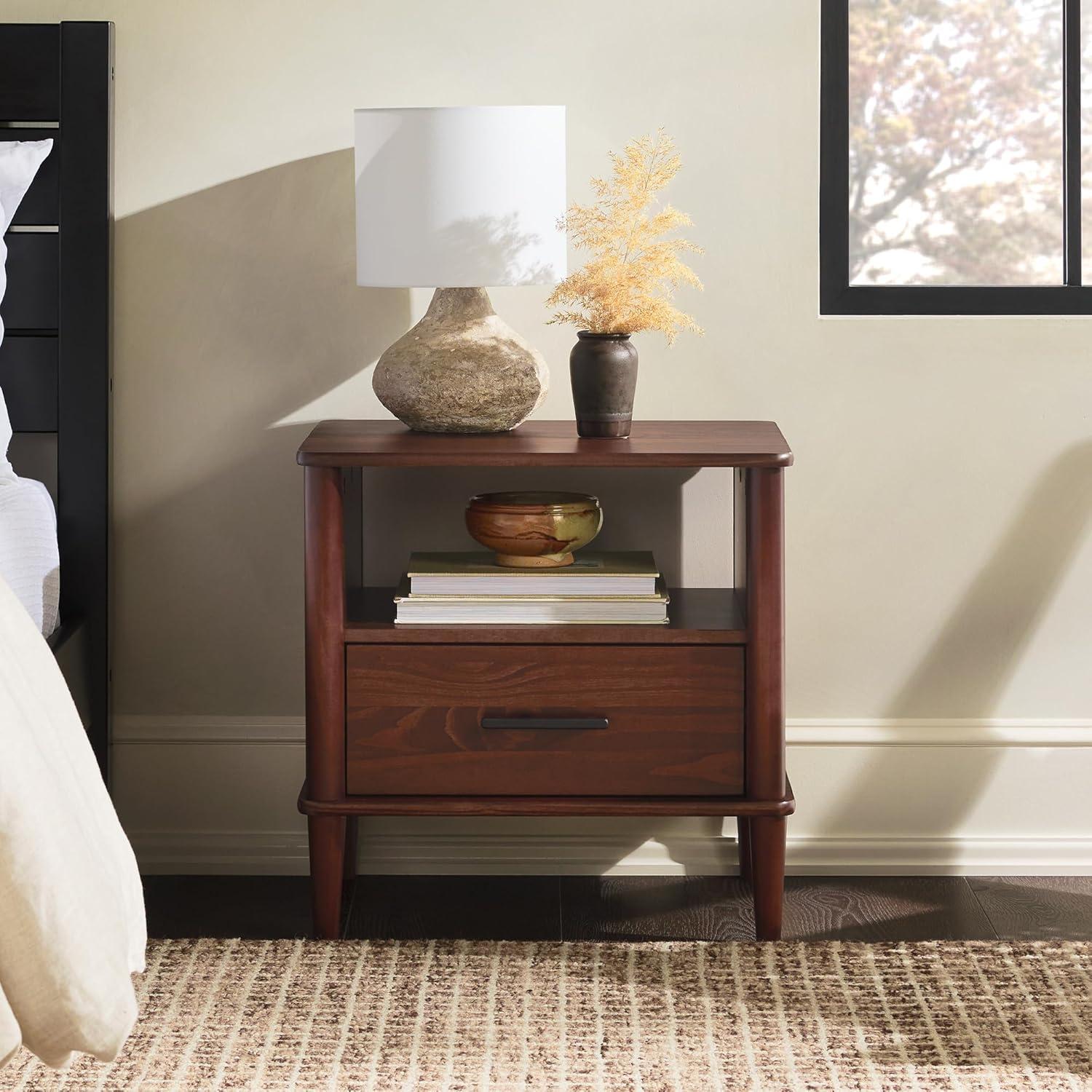 Walnut Solid Pine 1-Drawer Nightstand with Open Cubby