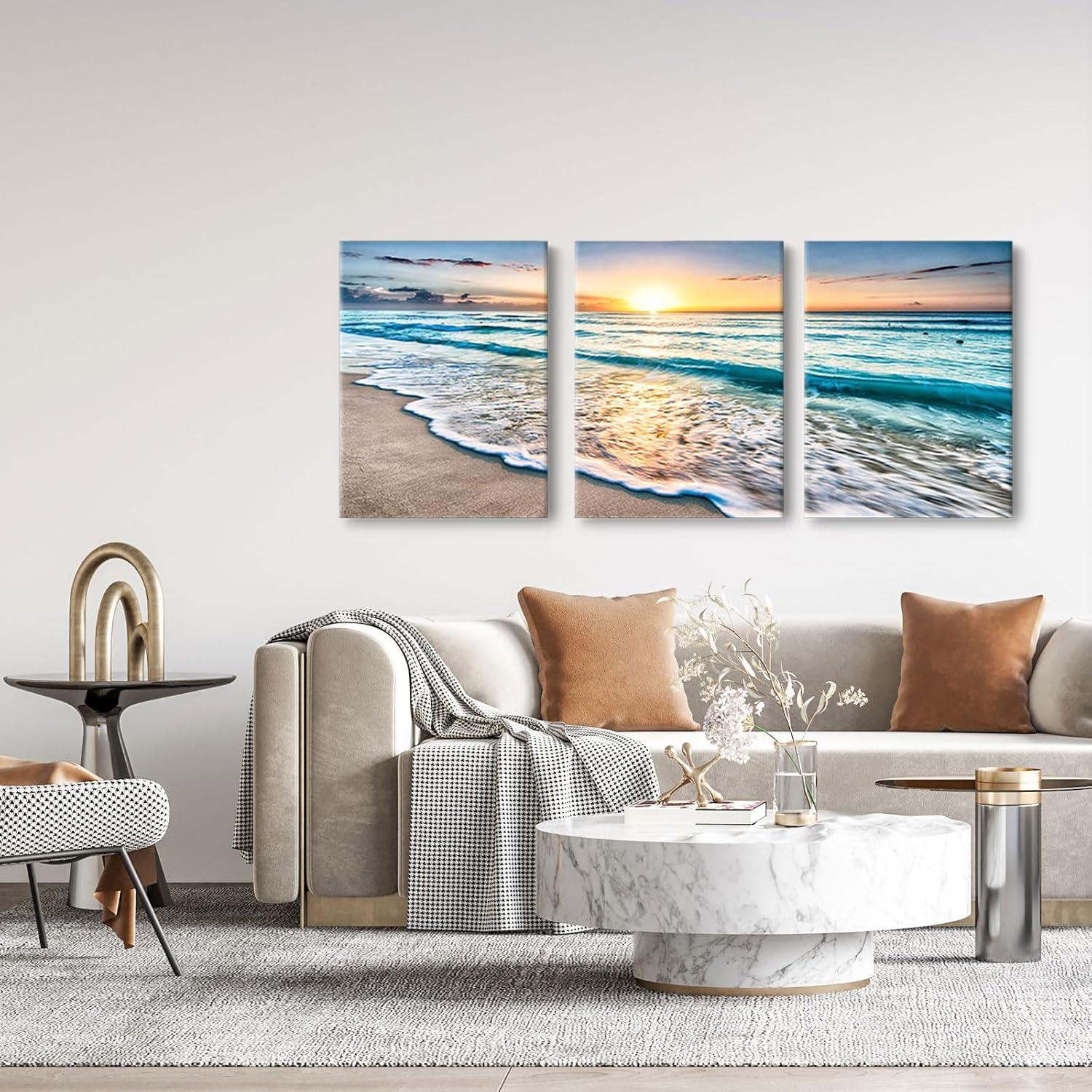 Asdg12s-3 Panel Wall Art Blue Sea Sunset White Beach Painting The Picture Print On Canvas Seascape The Pictures for Home Decor Decoration,Ready to Hang