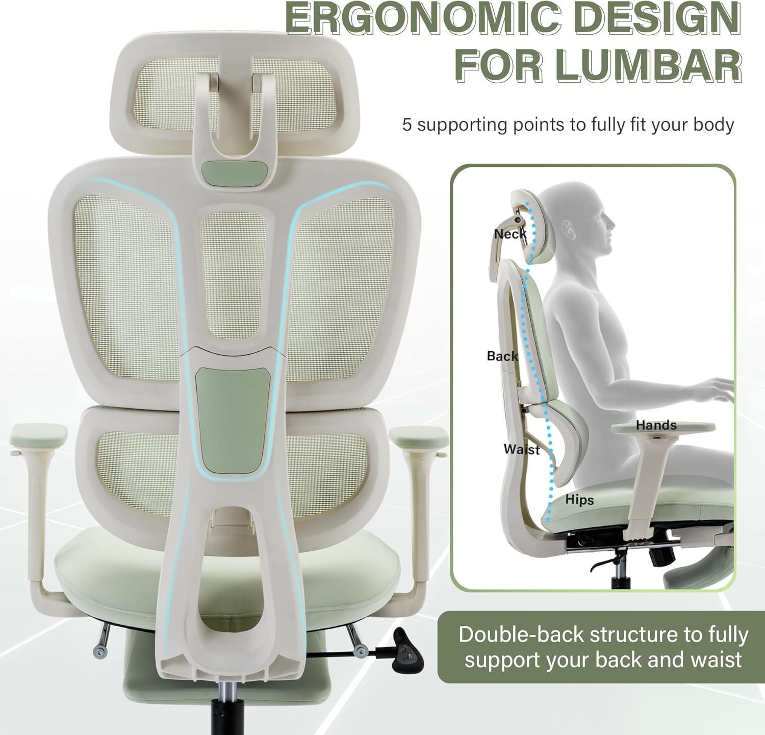 Hforesty Ergonomic Mesh Office Chair, Swivel Computer Chair with 3D Lumbar Support, High Back Desk Chair with Footrest, Headrest and 2D Armrests,300lbs, Green