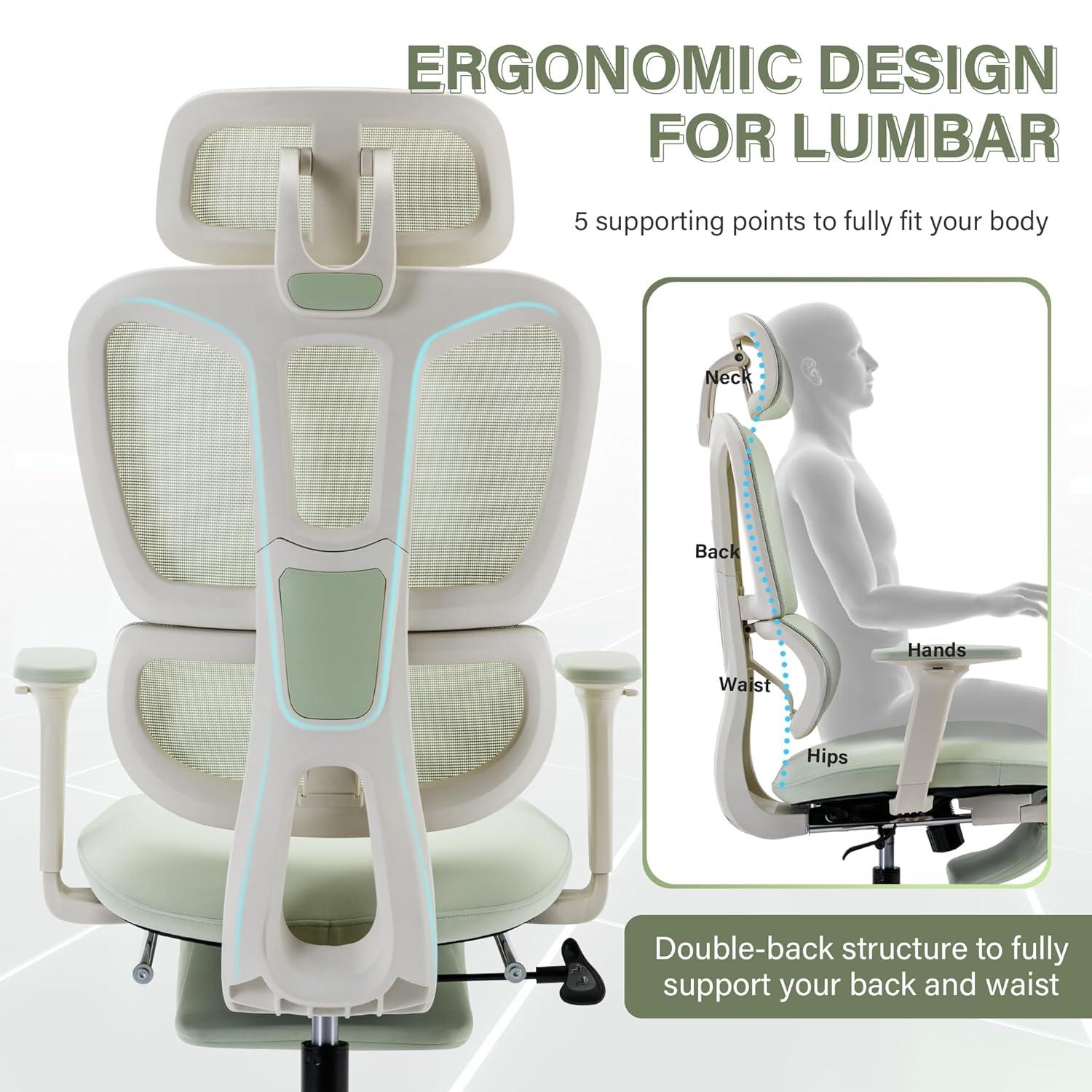 Hforesty Ergonomic Mesh Office Chair, Swivel Computer Chair with 3D Lumbar Support, High Back Desk Chair with Footrest, Headrest and 2D Armrests,300lbs, Green