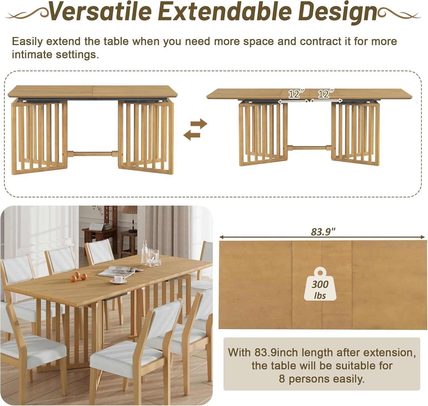 Natural Extendable Dining Table Set with 8 Upholstered Chairs