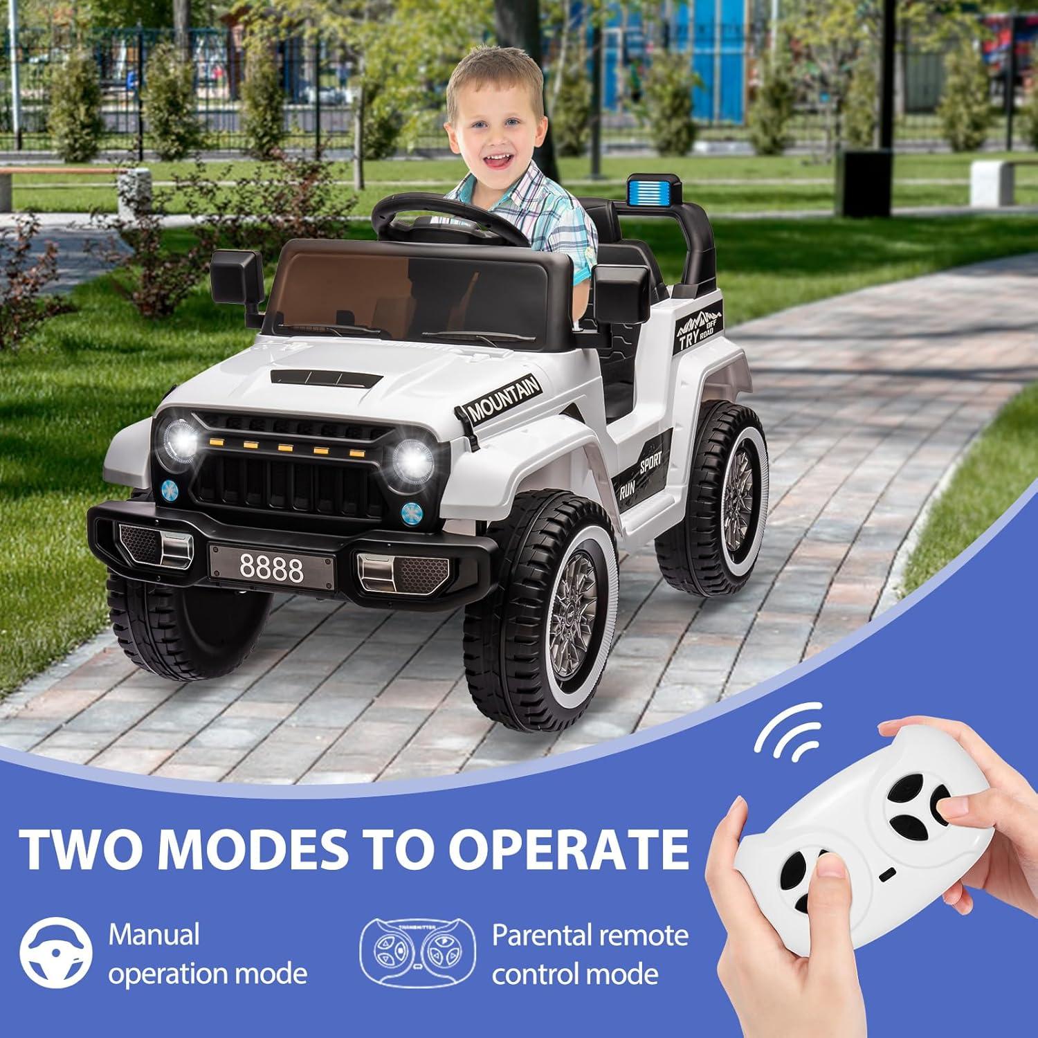 White 12V Kids Ride-On Truck with Remote Control and LED Lights