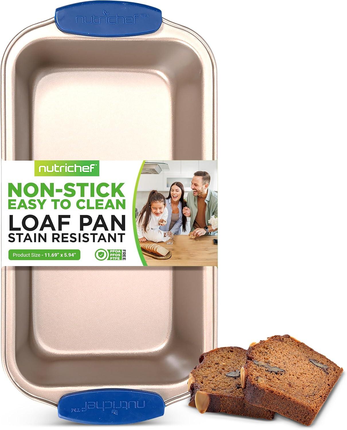 NutriChef Non-Stick Loaf Pan - Deluxe Nonstick Gold Coating Inside and Outside with Blue Silicone Handles