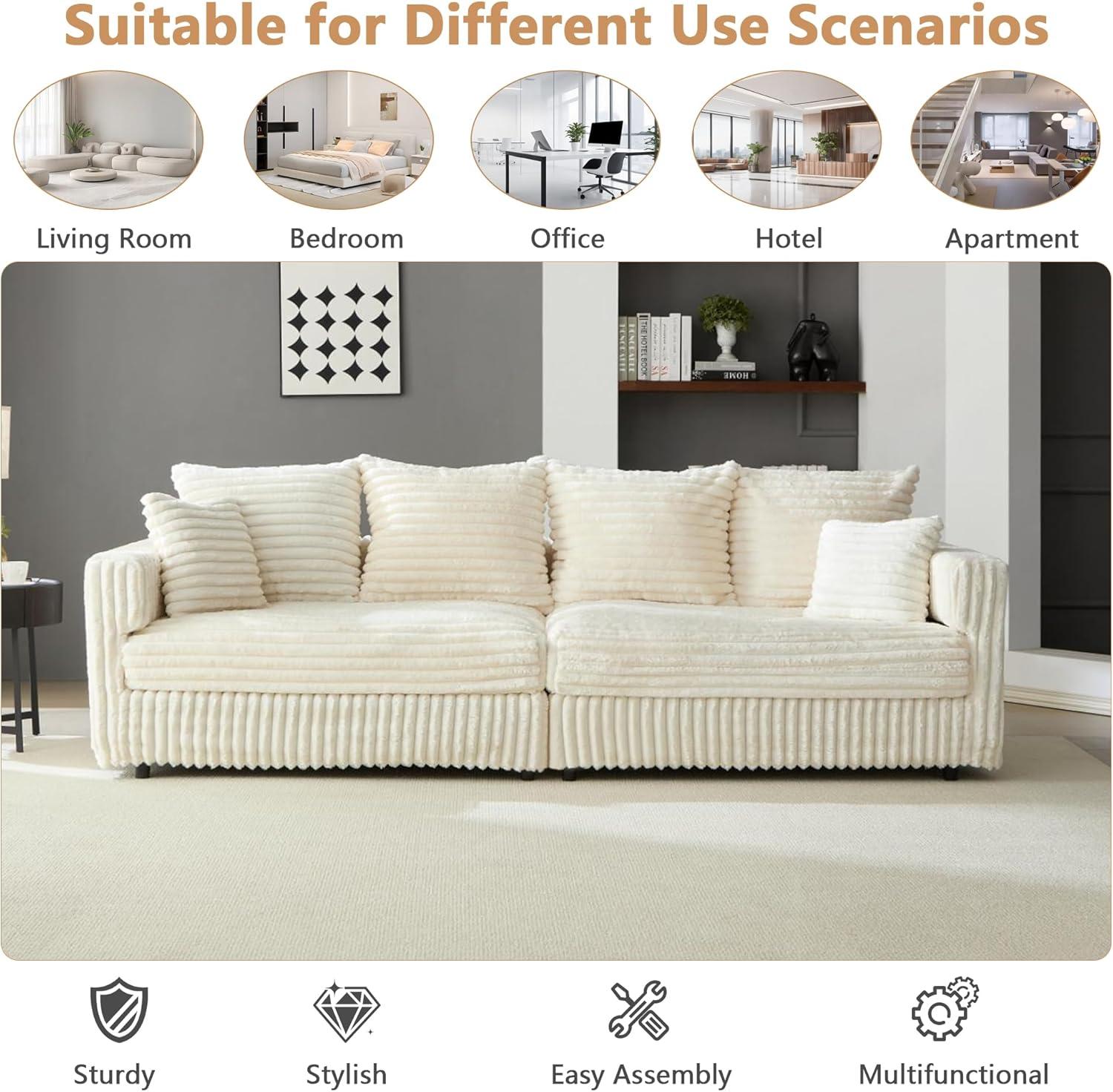 104.3''Cloud Sectional Couch,Oversized Living Room Convertible Sofa, Plush Corduroy Sofa W/6 Soft Pillows,4 Deep Seat Memory Foam Couches,Plush Couch for Living Room, Apartment (Beige)