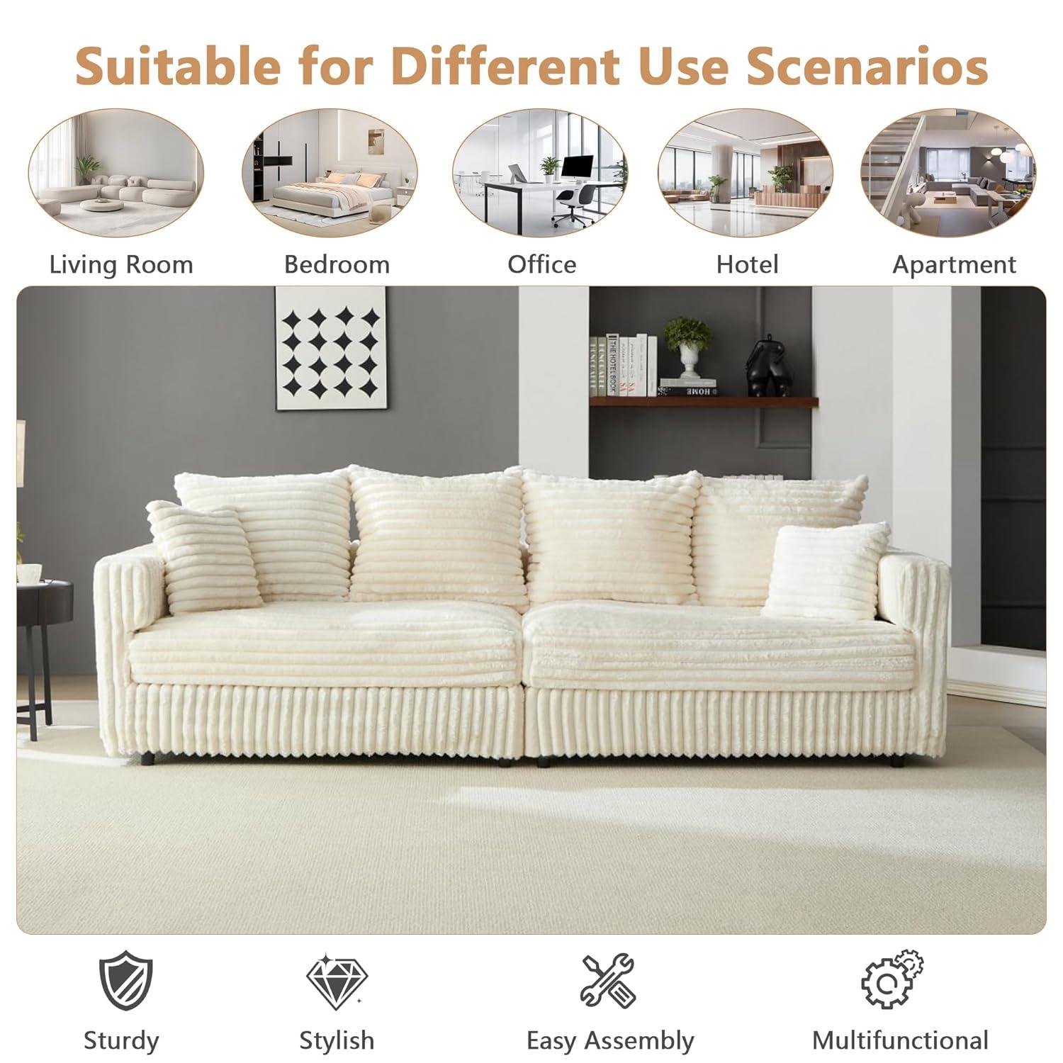 104.3'' Cloud Sectional Couch,Oversized Living Room Convertible Sofa, Plush Corduroy Sofa W/6 Soft Pillows,4-Seat Memory Foam Couches,Plush Couch for Living Room, Apartment (Beige)