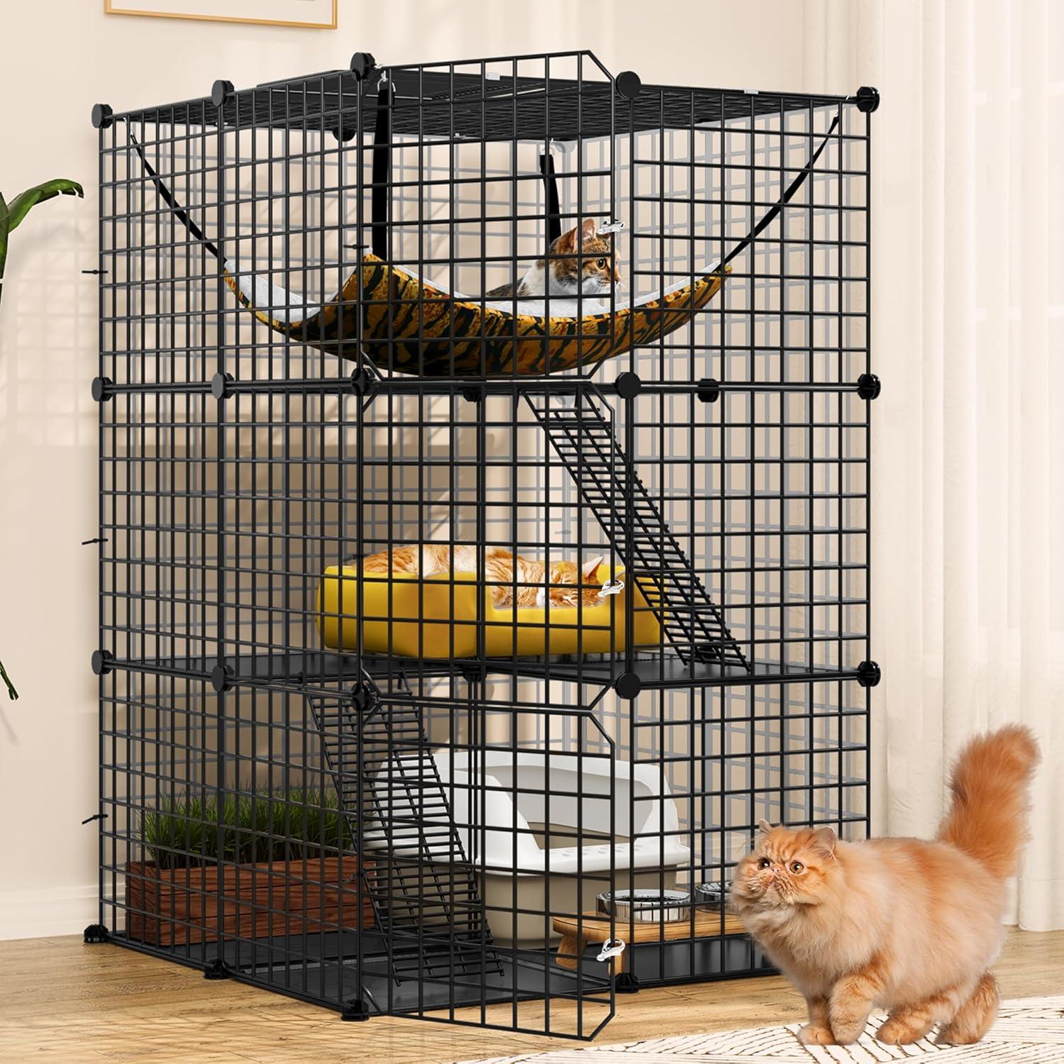 Cat Cage Indoor Catio DIY Cat Enclosures Metal Cat Playpen 3-Tiers Kennels Pet Crate with Extra Large Hammock for 1-2 Cats, Rabbit