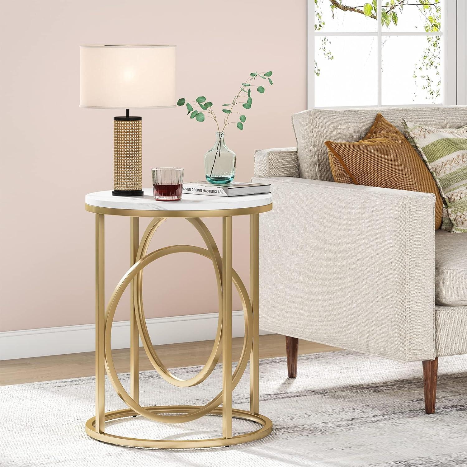 Tribesigns Morden Round End Table with Faux Marble White Top, 20" Sofa Side Table Coffee Table Cocktail Table with Unique Gold O-shaped Base for Living Room Bedroom
