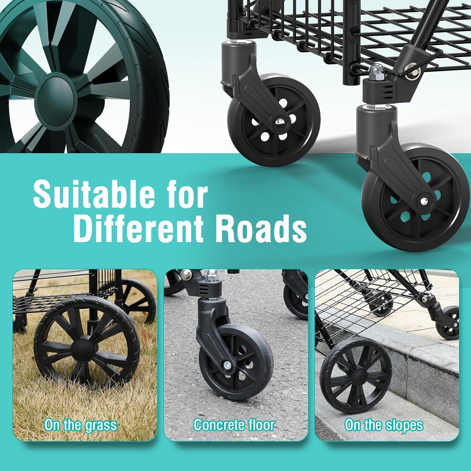 Black Metal Folding Utility Cart with 360° Swivel Wheels