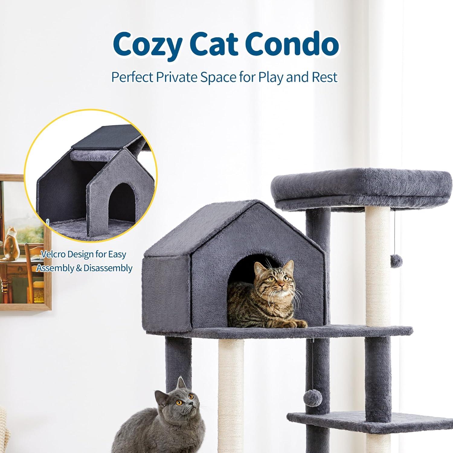 Gray 60 inch Multi-Level Cat Tree with Sisal Posts and Hammock