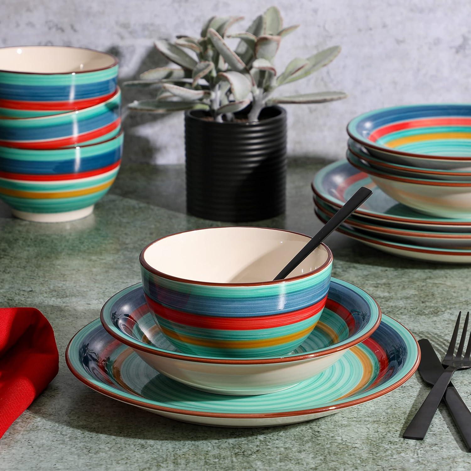 Gibson Home Rainbow 12 Piece Stoneware Dinnerware Set in Green Multi