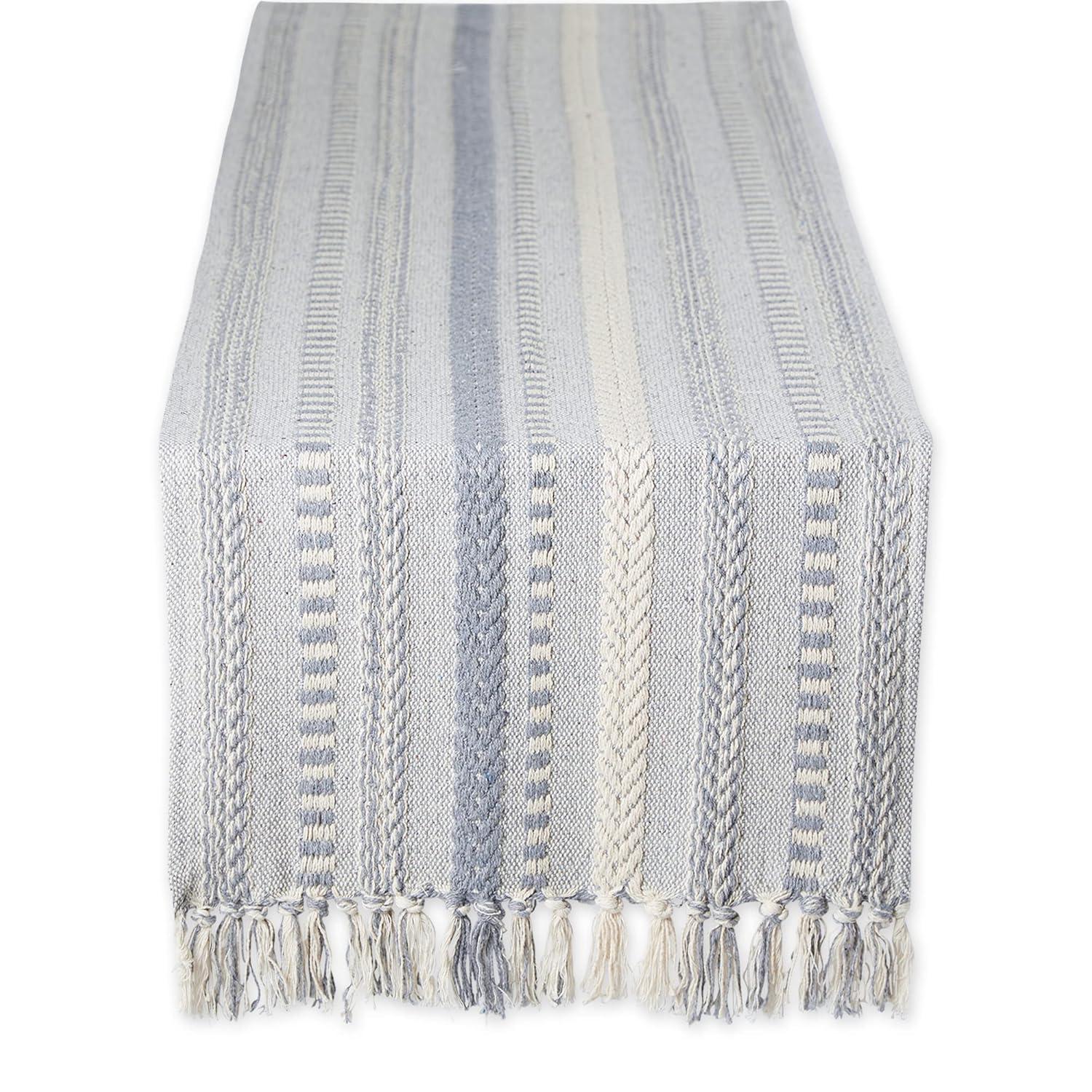 Design Imports  Braided Stripe Jacquard Fringe Table Runner, 15X72", Cool Gray