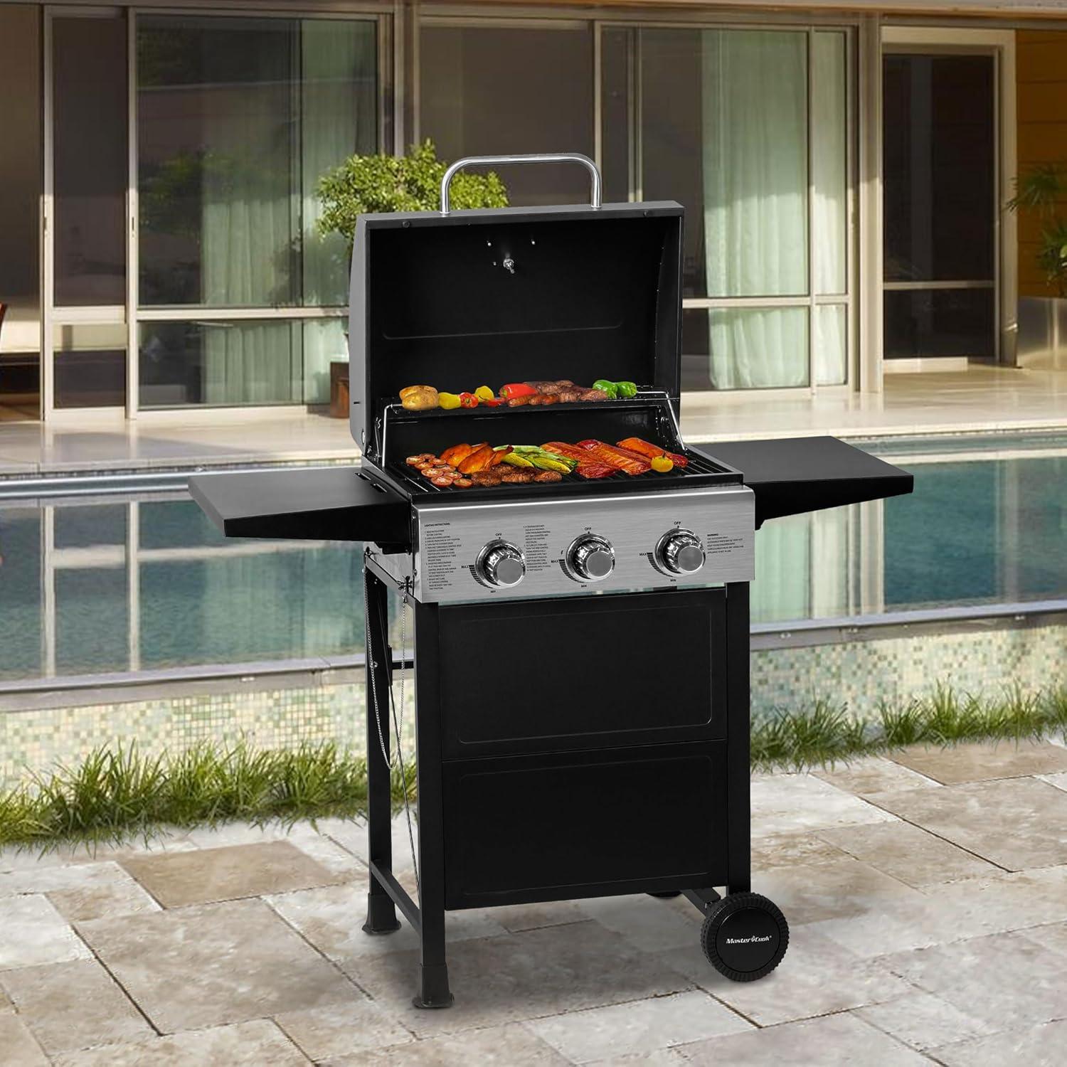 MASTER COOK Propane Gas Grill, 3 Burners Stainless Steel Grill with Foldable Shelves, Black