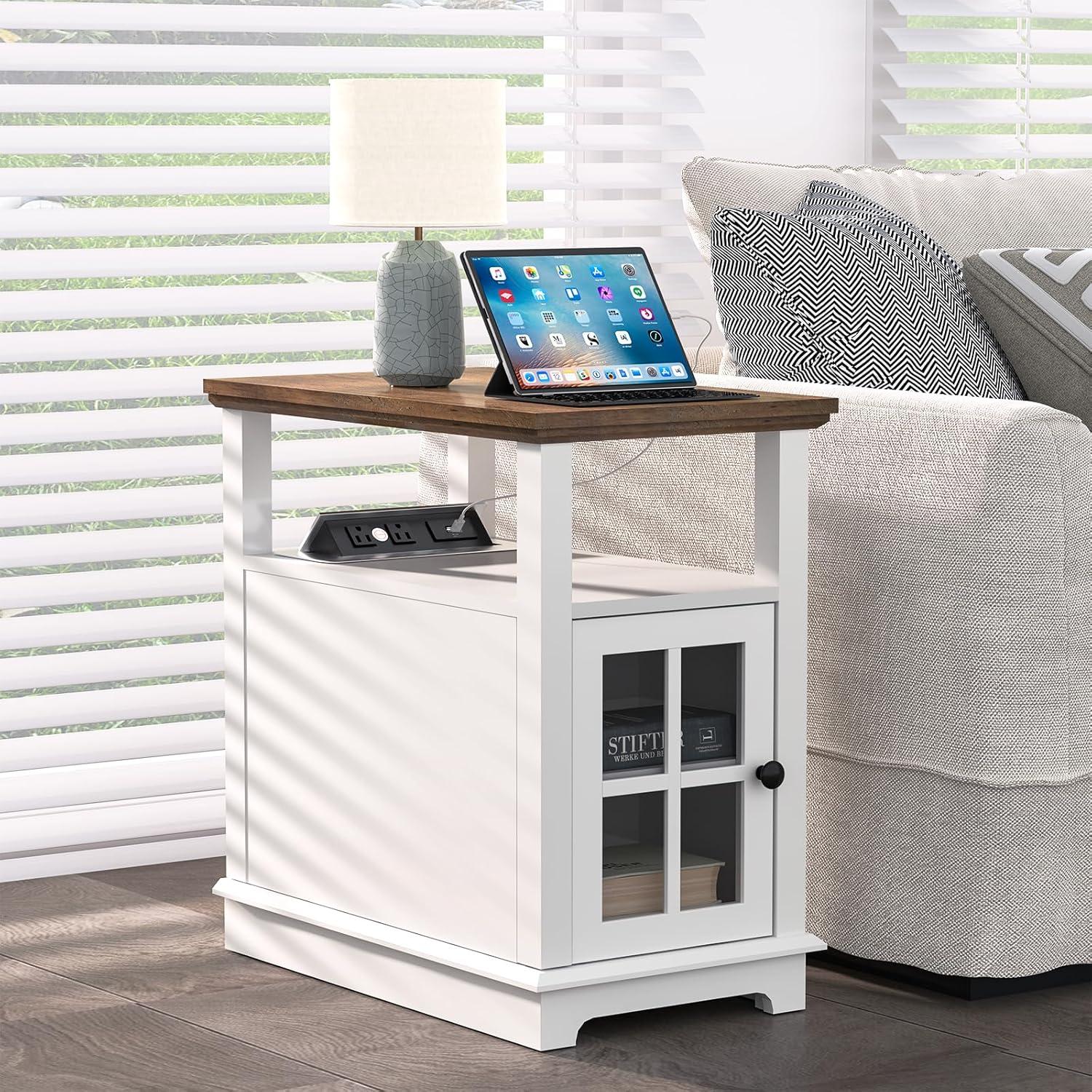 HOMCOM Side Table with Charging Station, Narrow End Table with USB Ports and Outlets, Hidden Storage and Open Shelf for Living Room