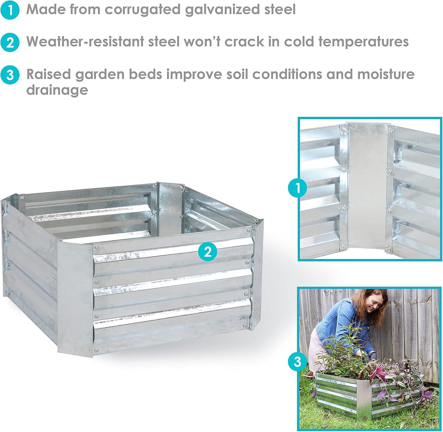 Sunnydaze Corrugated Galvanized Steel Raised Garden Bed for Plants, Vegetables, and Flowers - 24" Square x 11.75" H