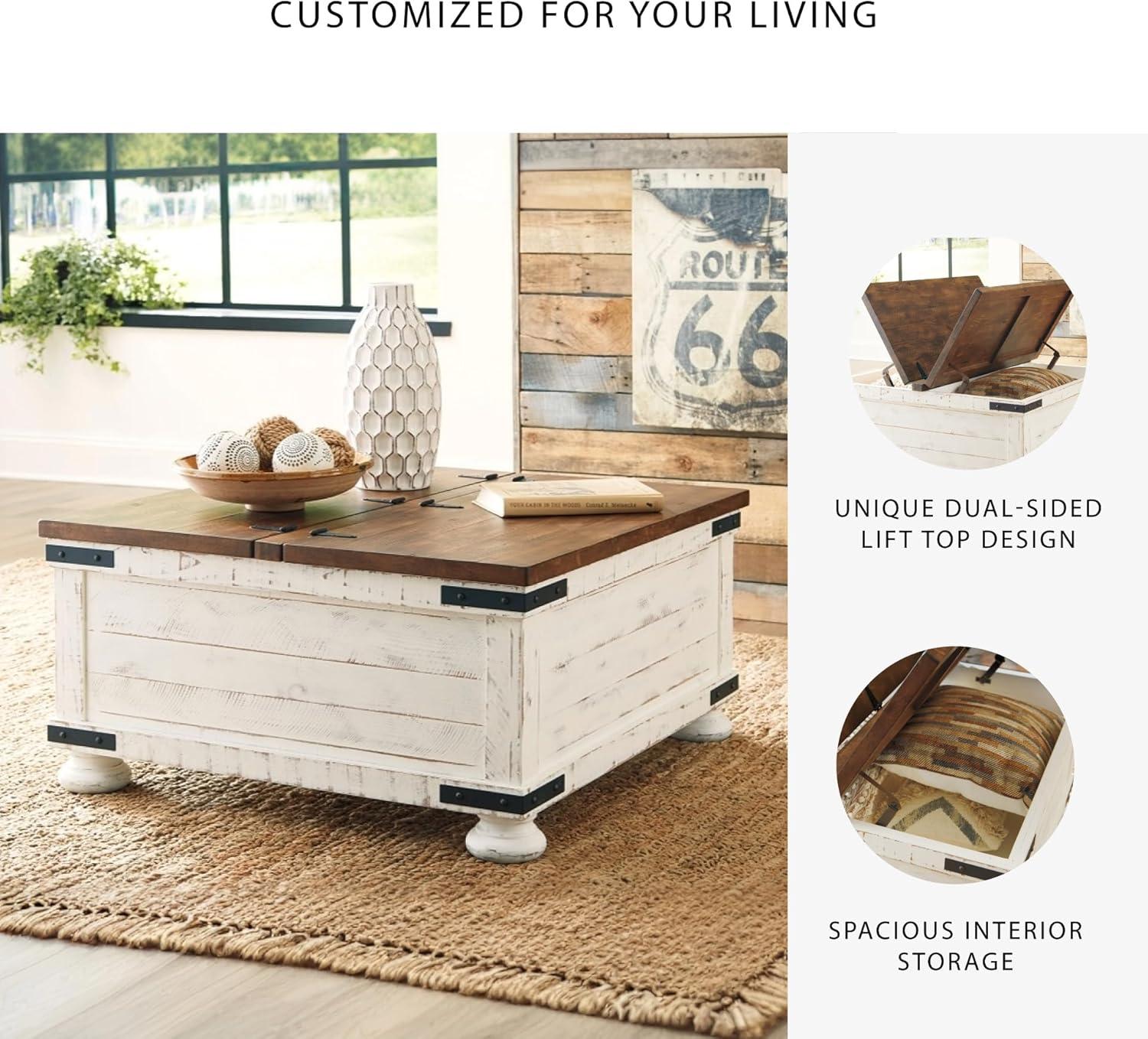Wystfield Cocktail Table with Storage White/Brown - Signature Design by Ashley: Rectangular Lift-Top, Distressed Two-Tone Finish