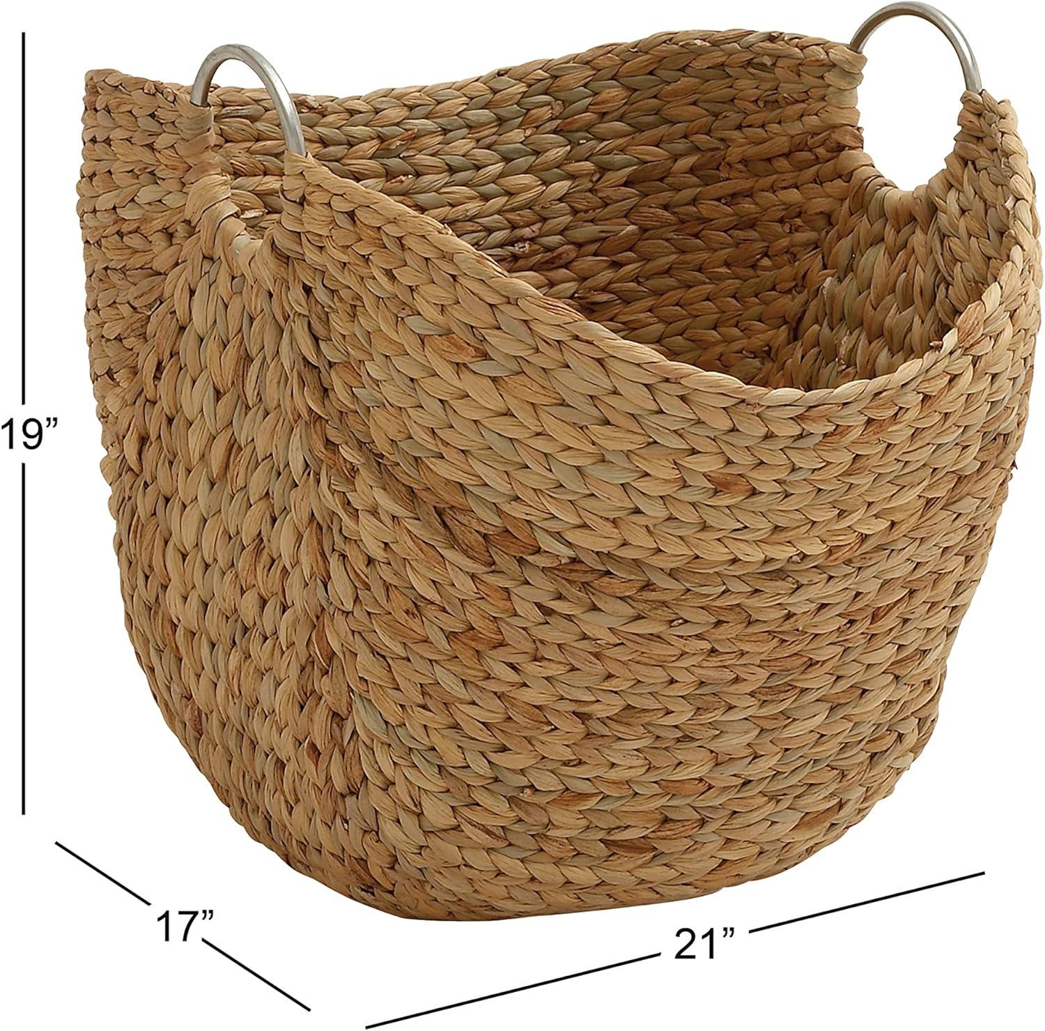 DecMode 21" x 19" Brown Seagrass Handmade Large Woven Storage Basket with Ring Metal Handles, 1-Piece