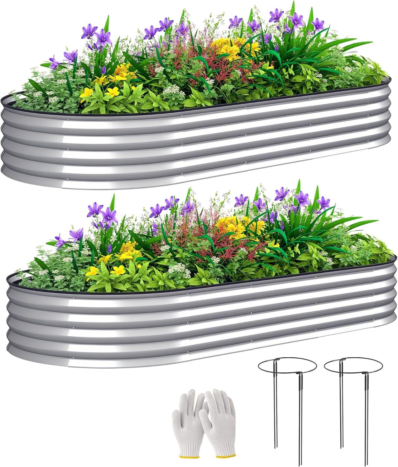 Outsunny 2PCS Galvanized Raised Garden Bed, 7' x 3' x 1' Raised Beds for Gardening with Metal Plant Stakes, Silver